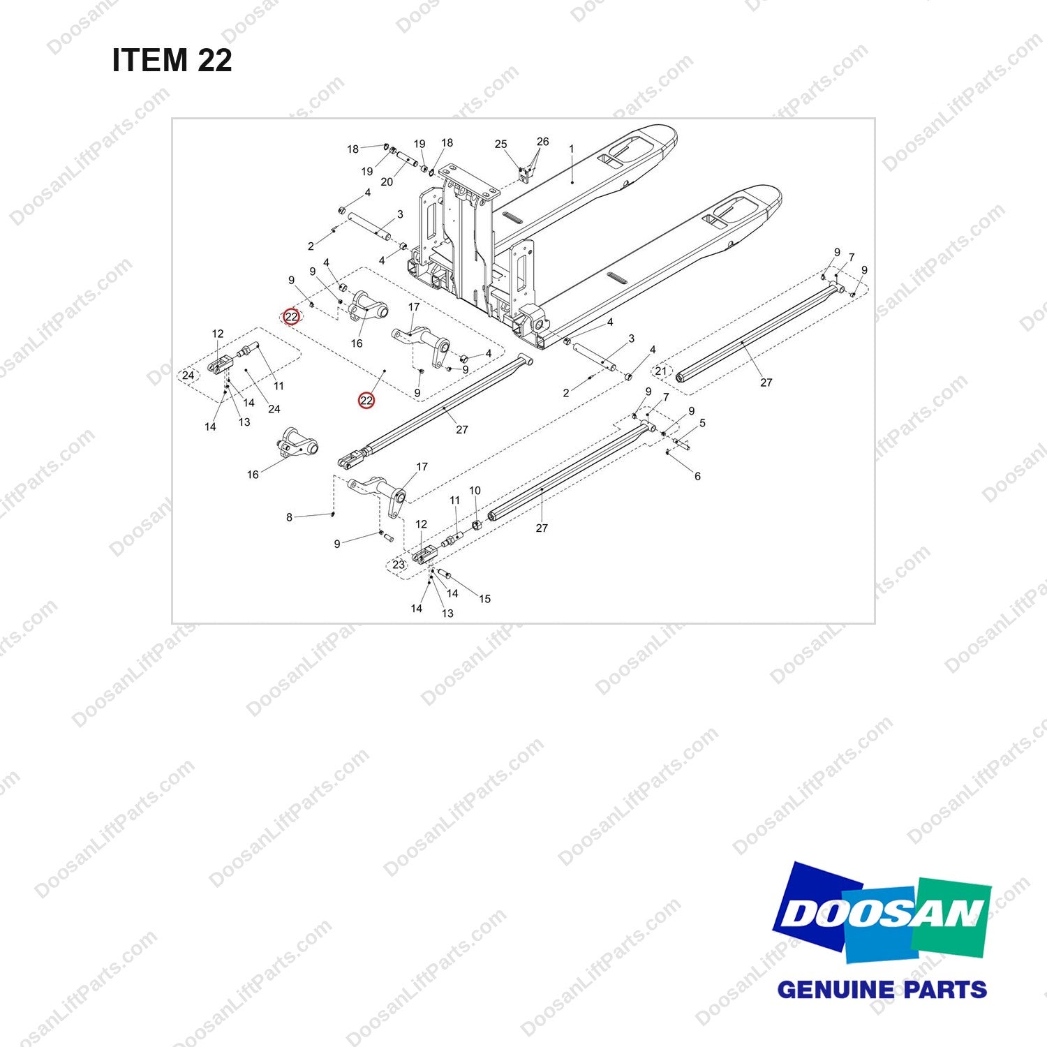 NB19-00277 CHASSIS (685X800/915/1000/1150/1220) - full parts diagram, item 22 marked - genuine Doosan / Bobcat forklift part