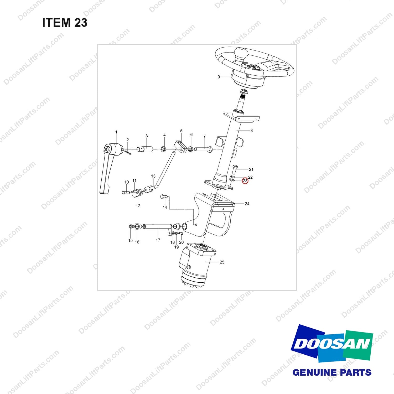 NB19-00323 STEERING MECHANISM AND INSTALLATION - full parts diagram, item 23 marked - genuine Doosan / Bobcat forklift part