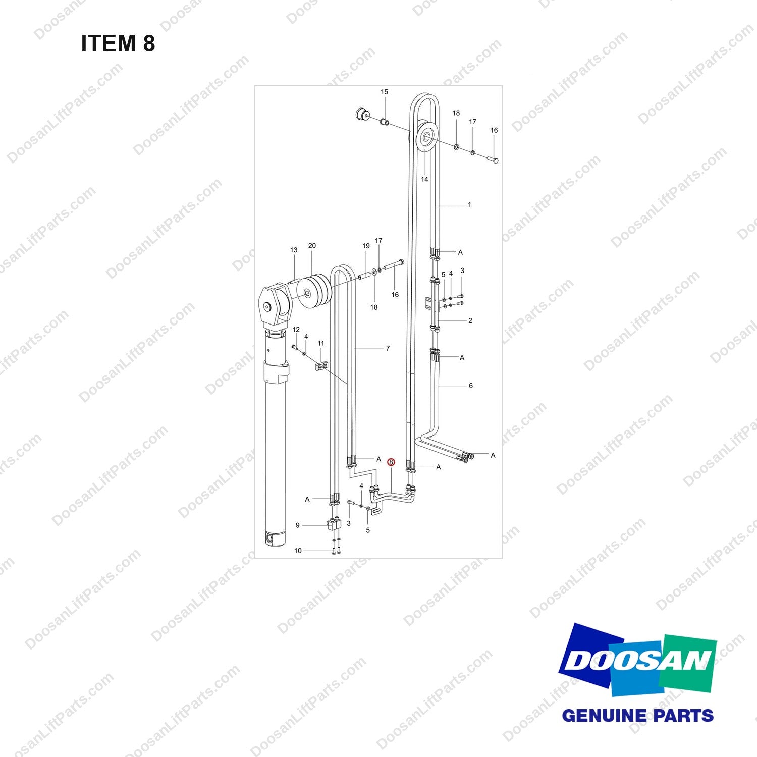 NB19-01182 THIRD ADDITIONAL PIPELINE (Three Stage Full Free) - full parts diagram, item 8 marked - genuine Doosan / Bobcat forklift part