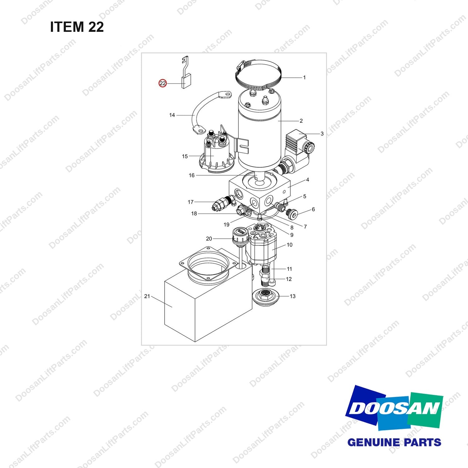 NB19-01334 PUMP 0.8KW - full parts diagram, item 22 marked - genuine Doosan / Bobcat forklift part