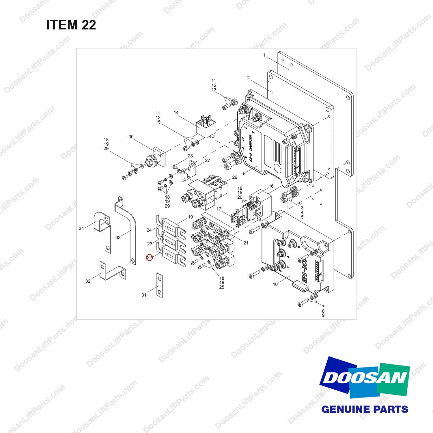 NB19-01931 Electrical Control components (EPS) - full parts diagram, item 22 marked - genuine Doosan / Bobcat forklift part