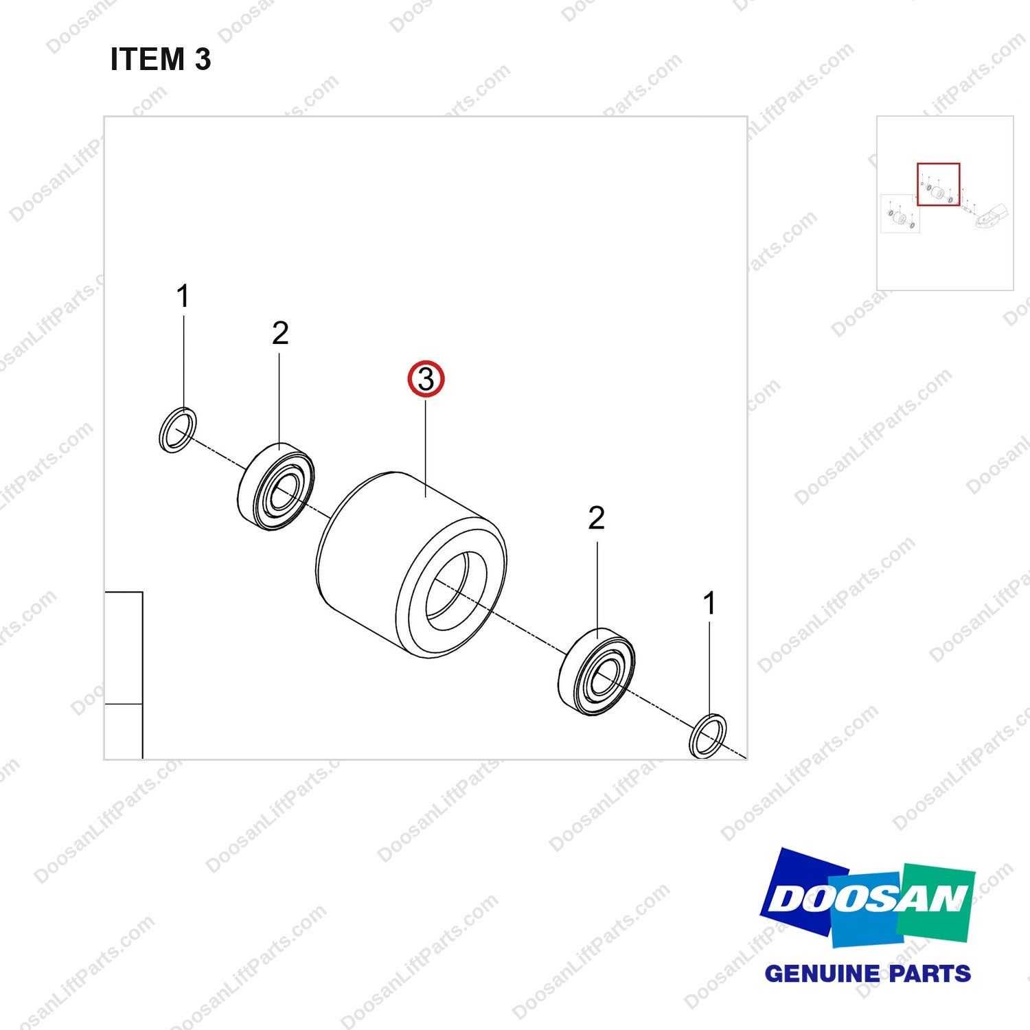 NB19-02905 Load Roller Components - parts diagram, item 3 shown - genuine Doosan / Bobcat forklift part