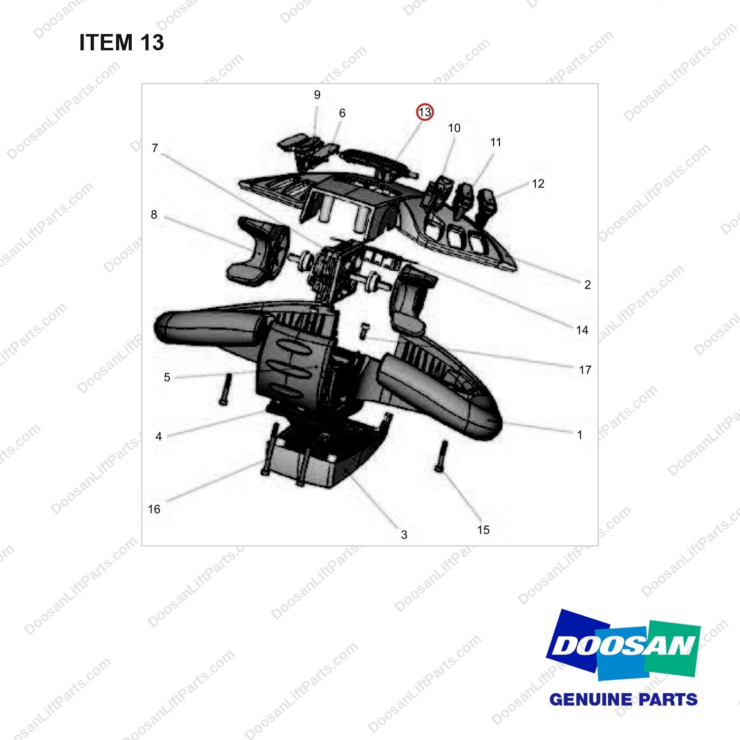 NB19-03437 Handle - full parts diagram, item 13 marked - genuine Doosan / Bobcat forklift part
