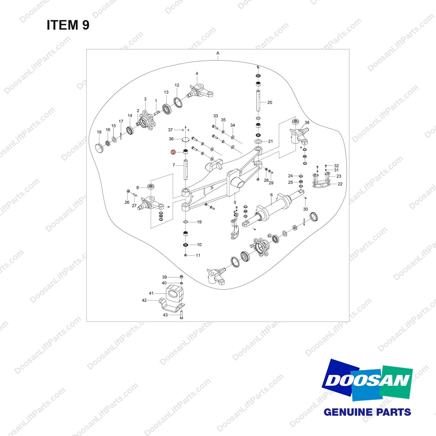 NB20-01889 STEERING AXLE AND INSTALLATION - full parts diagram, item 9 marked - genuine Doosan / Bobcat forklift part