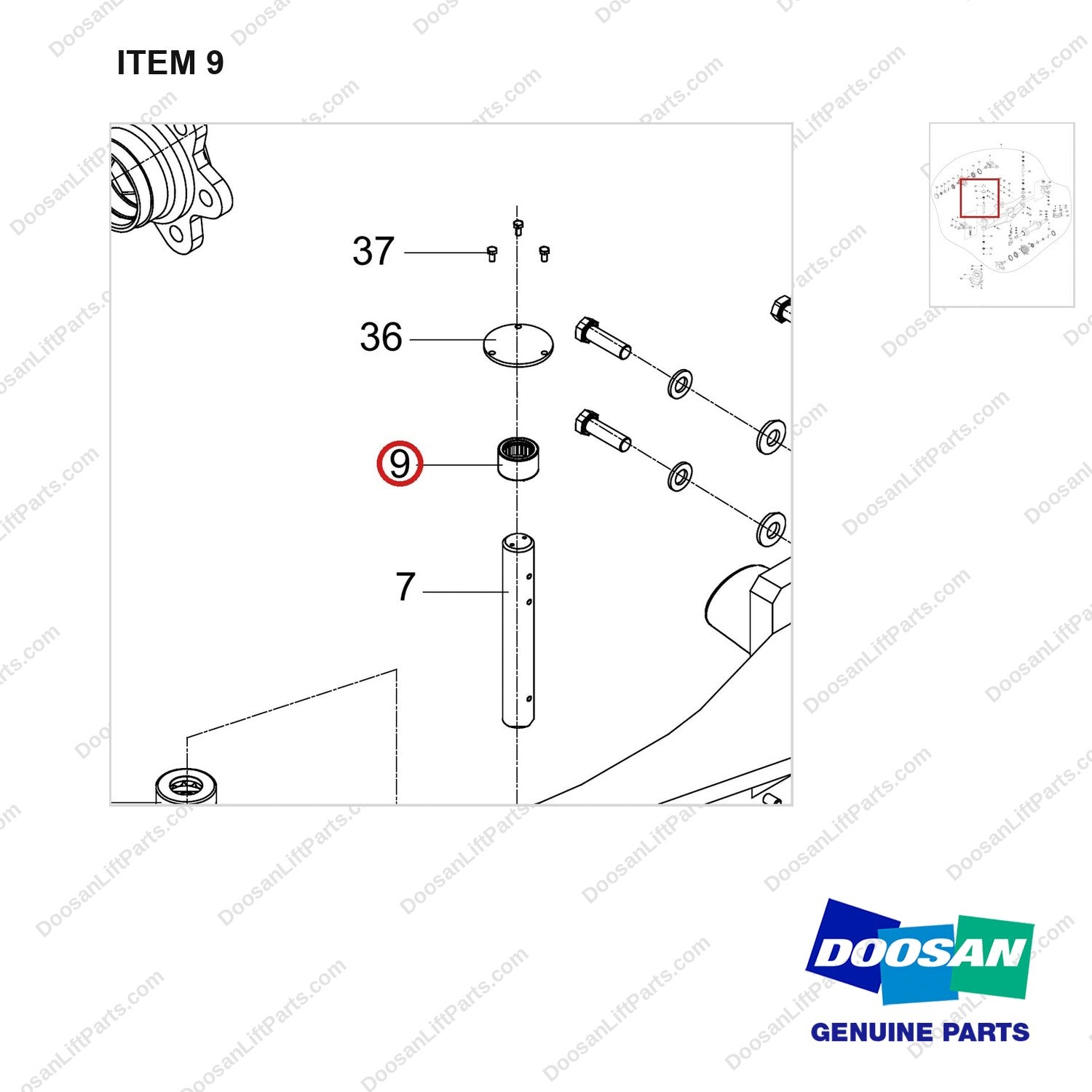 NB20-01889 STEERING AXLE AND INSTALLATION - parts diagram, item 9 shown - genuine Doosan / Bobcat forklift part