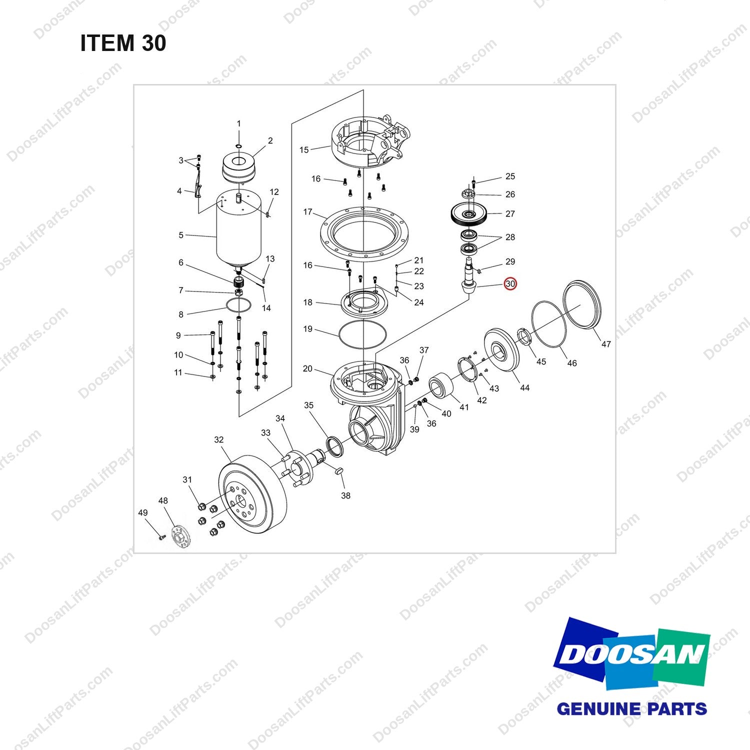 NR12-00325 Vertical Steering Gear Assembly - full parts diagram, item 30 marked - genuine Doosan / Bobcat forklift part