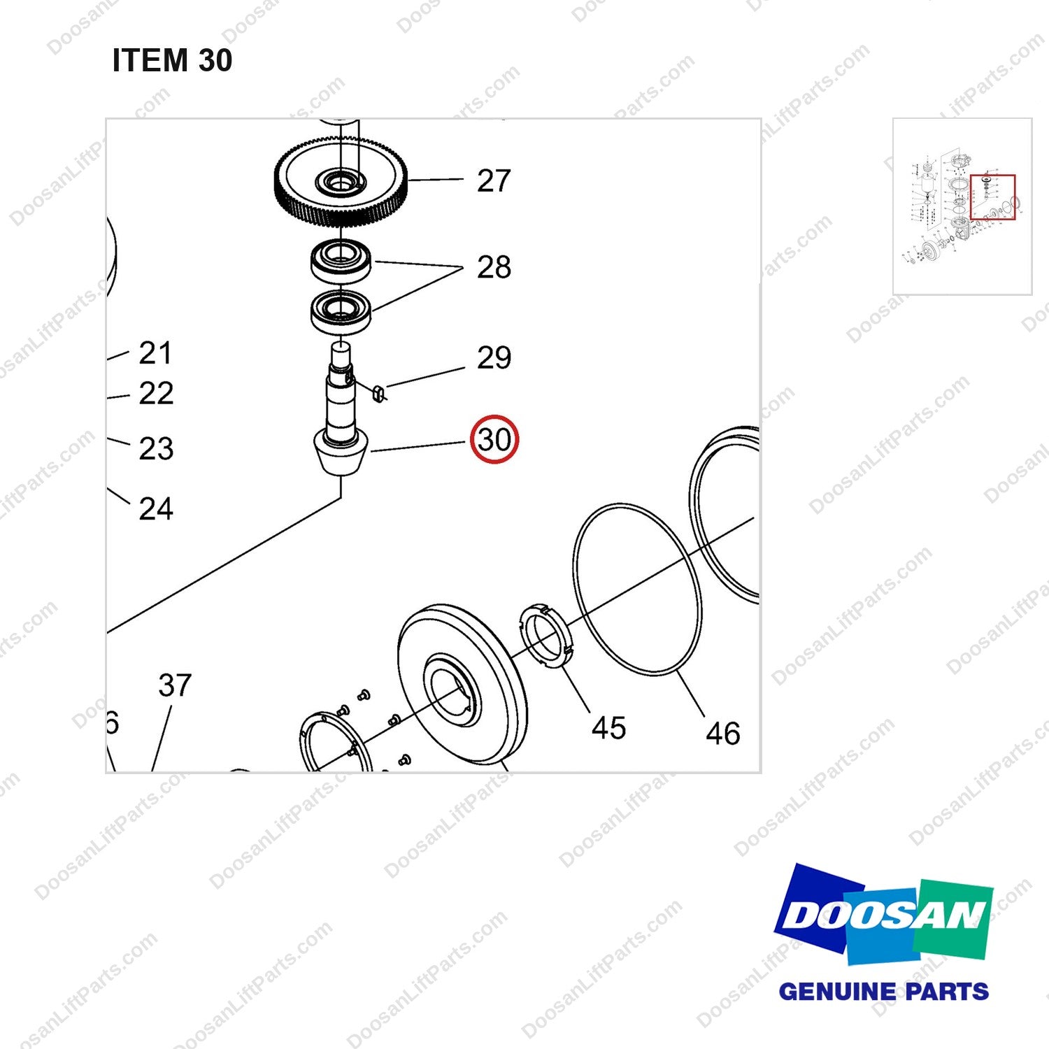 NR12-00325 Vertical Steering Gear Assembly - parts diagram, item 30 shown - genuine Doosan / Bobcat forklift part