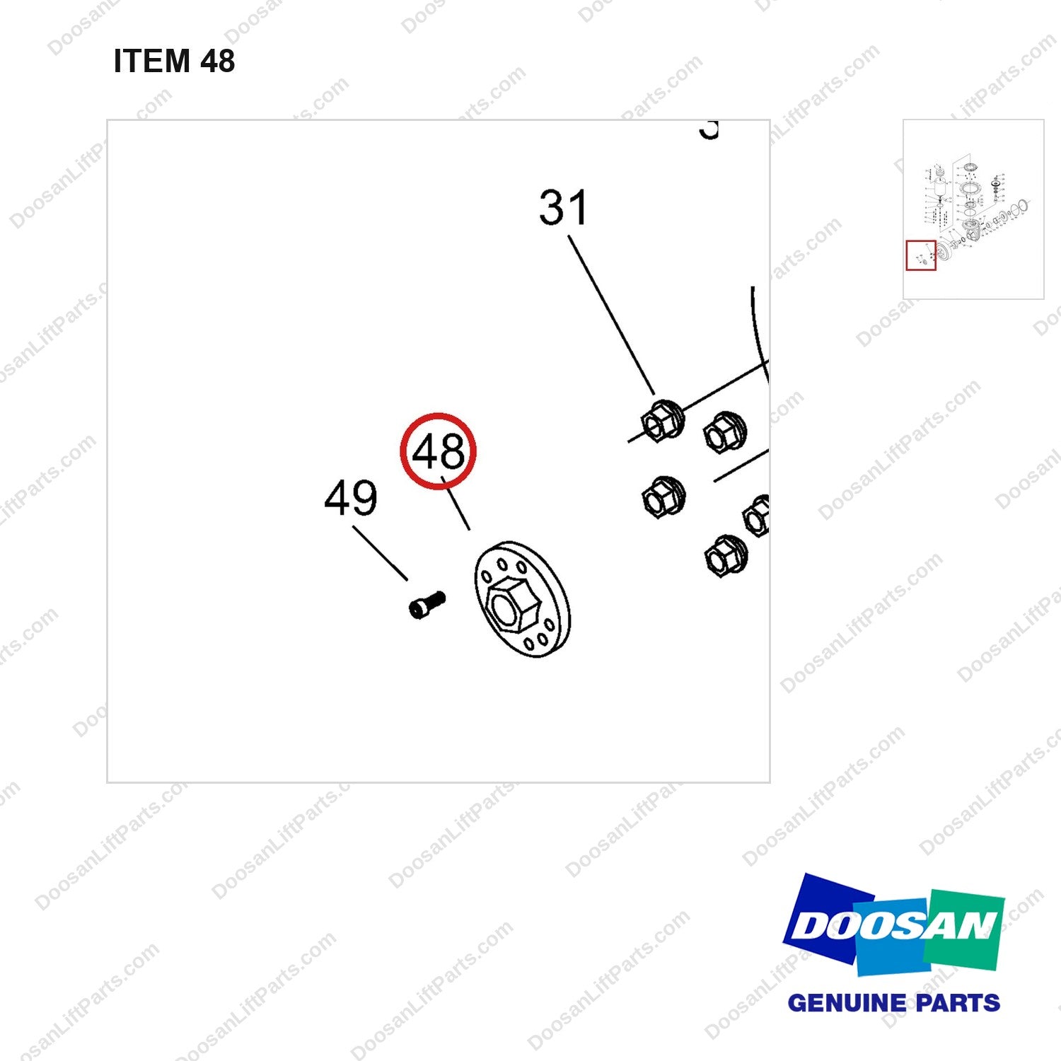 NR12-00343 Driving Wheel,Vertical Type (Mechanical Steering) - parts diagram, item 48 shown - genuine Doosan / Bobcat forklift part