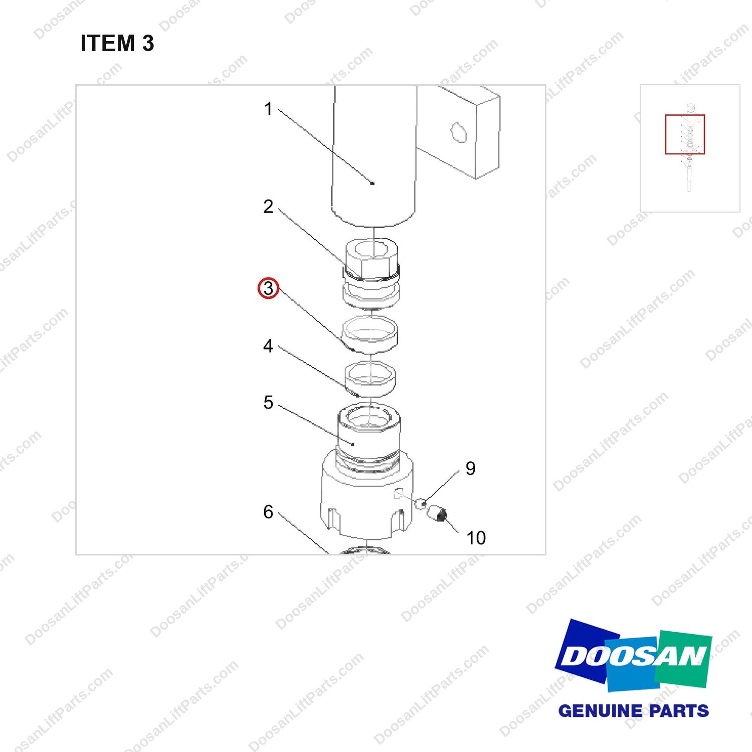 NR12-00363 Floating Oil Cylinder - parts diagram, item 3 shown - genuine Doosan / Bobcat forklift part