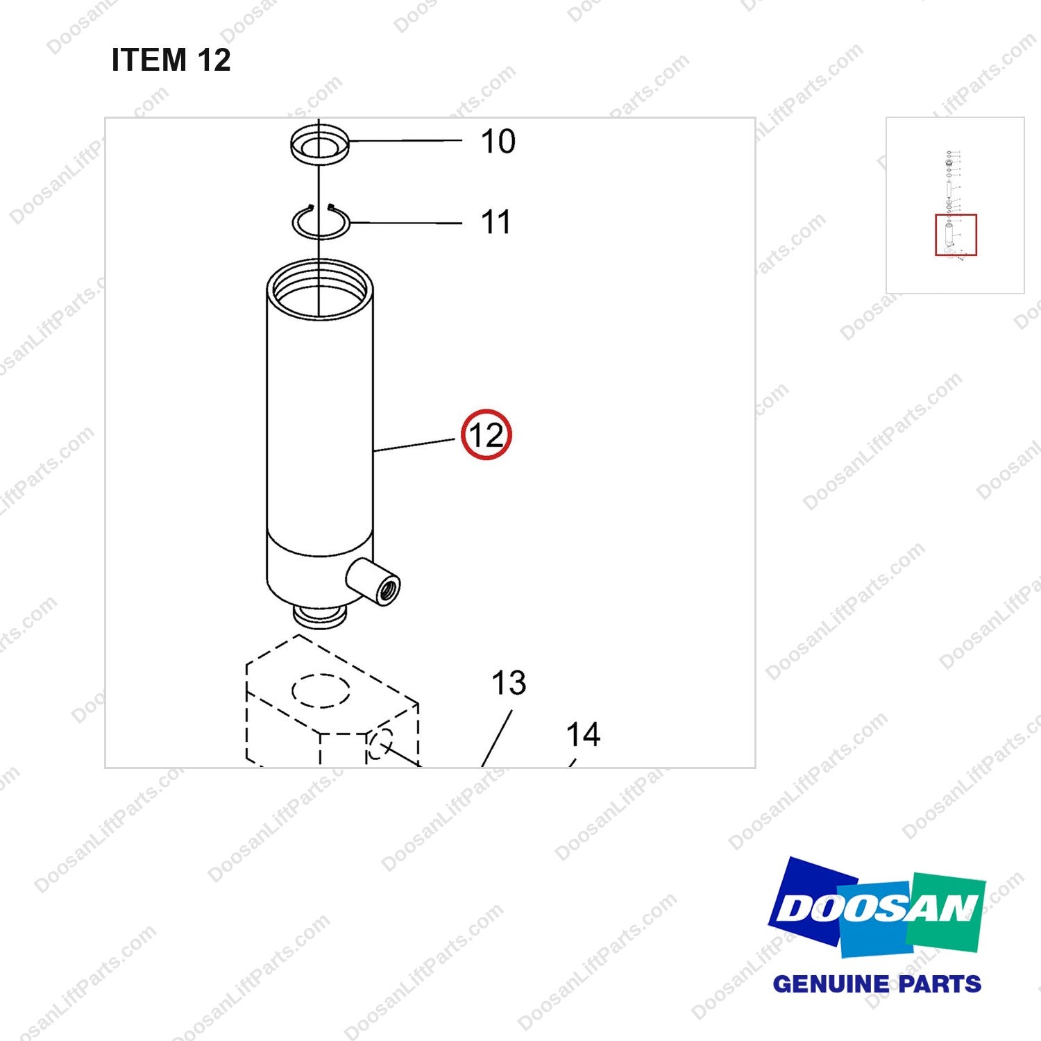 NR12-00366 Hydroulic Cylinder - parts diagram, item 12 shown - genuine Doosan / Bobcat forklift part