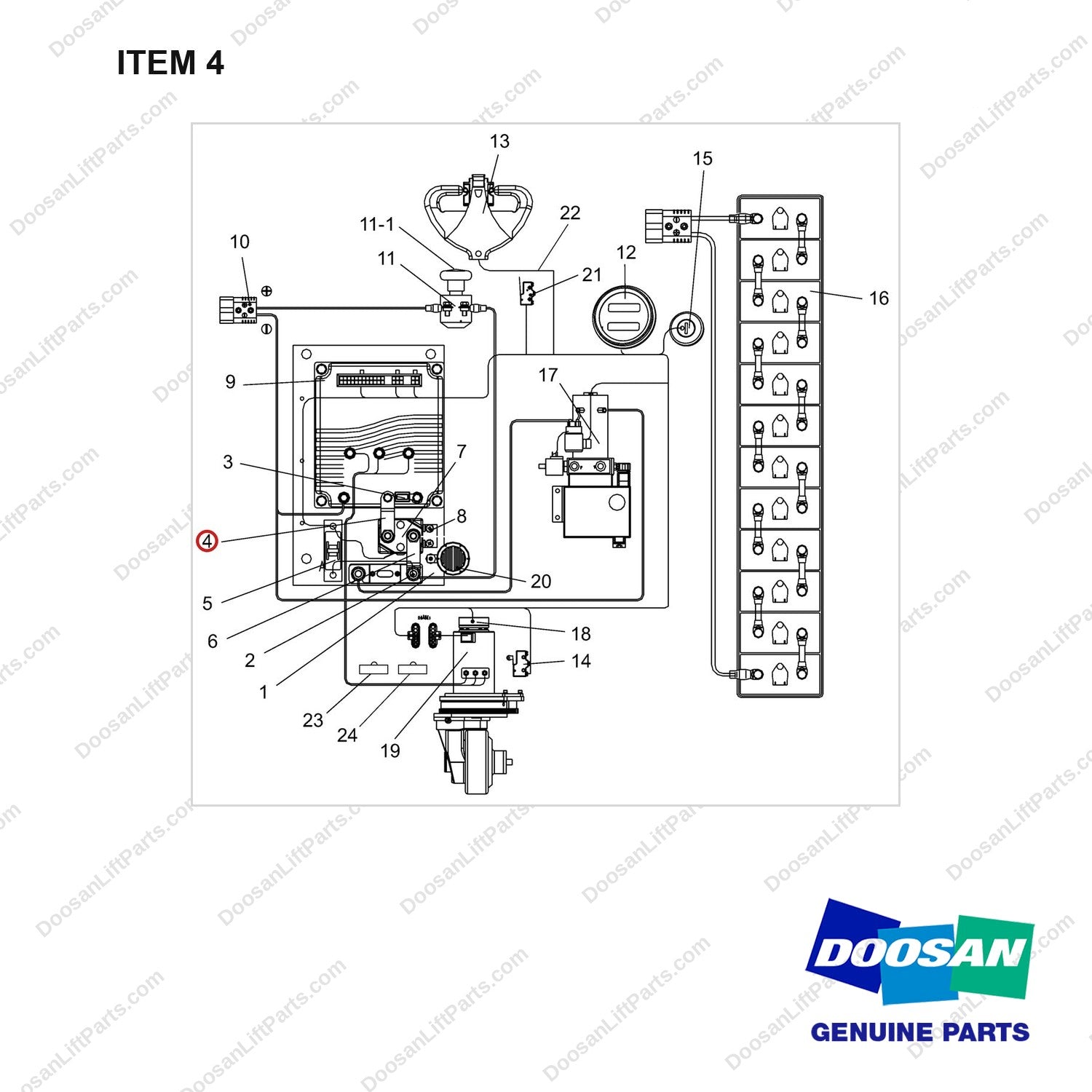 NR12-00384 Electrial Assembly Unit - full parts diagram, item 4 marked - genuine Doosan / Bobcat forklift part