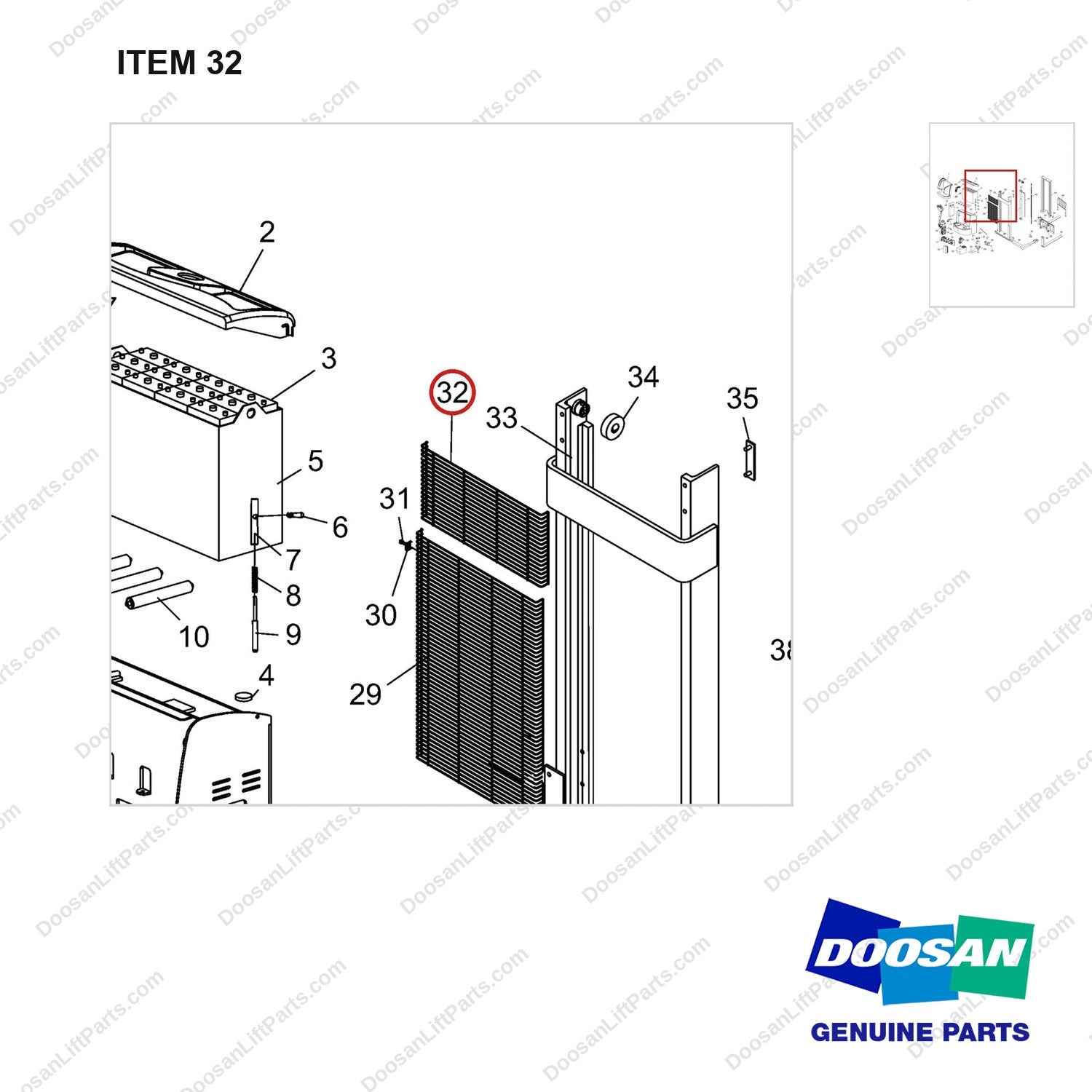 NR12-00427 General Assembly - parts diagram, item 32 shown - genuine Doosan / Bobcat forklift part