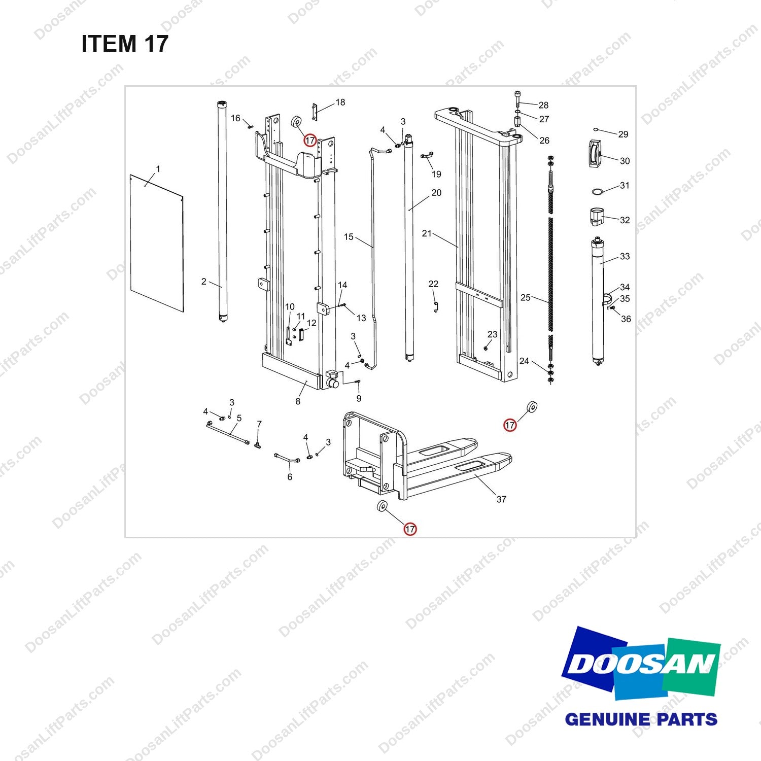 NR12-00433 Final Assembly -  Mast (Two Level) - full parts diagram, item 17 marked - genuine Doosan / Bobcat forklift part