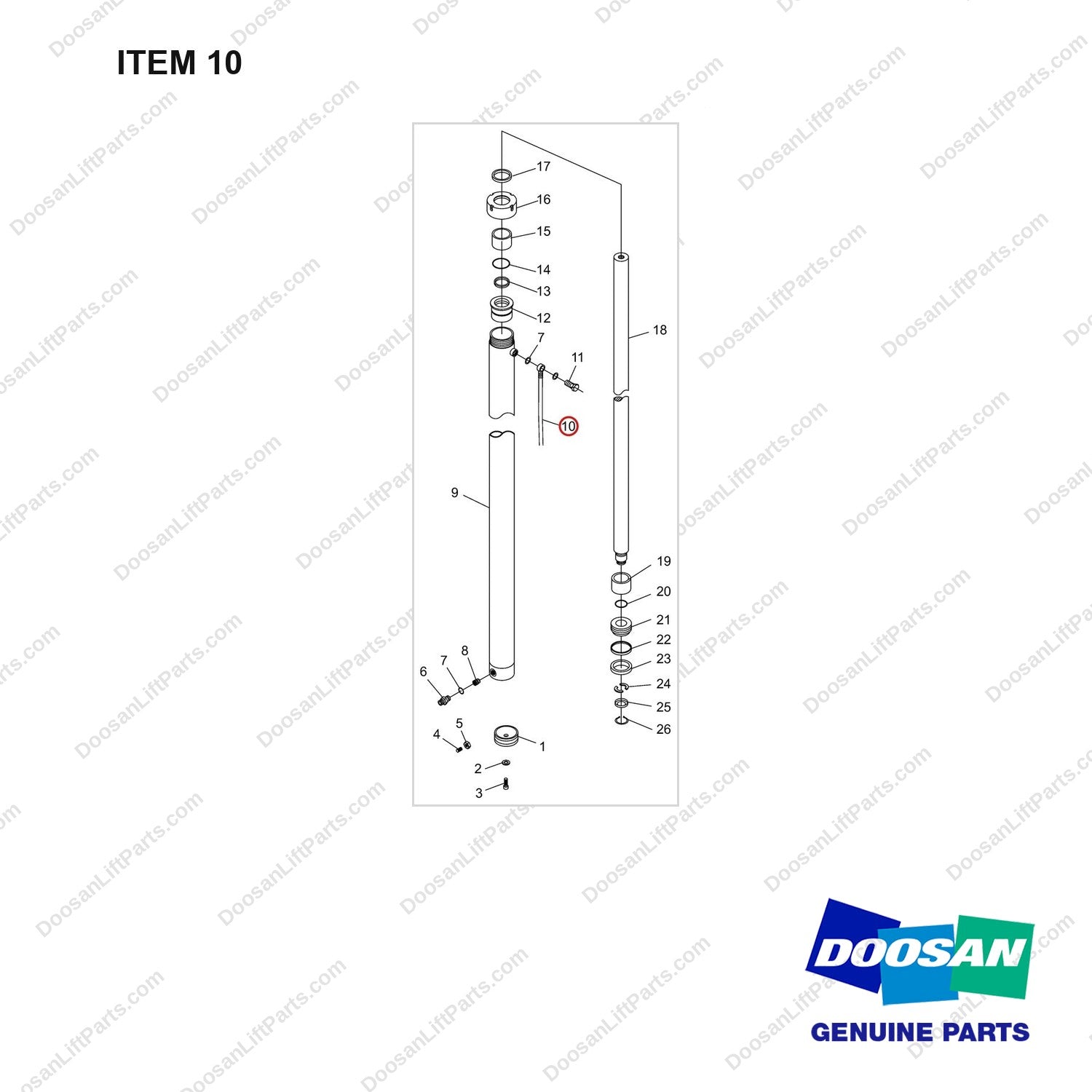 NR12-00445 Oil Cylinder - full parts diagram, item 10 marked - genuine Doosan / Bobcat forklift part