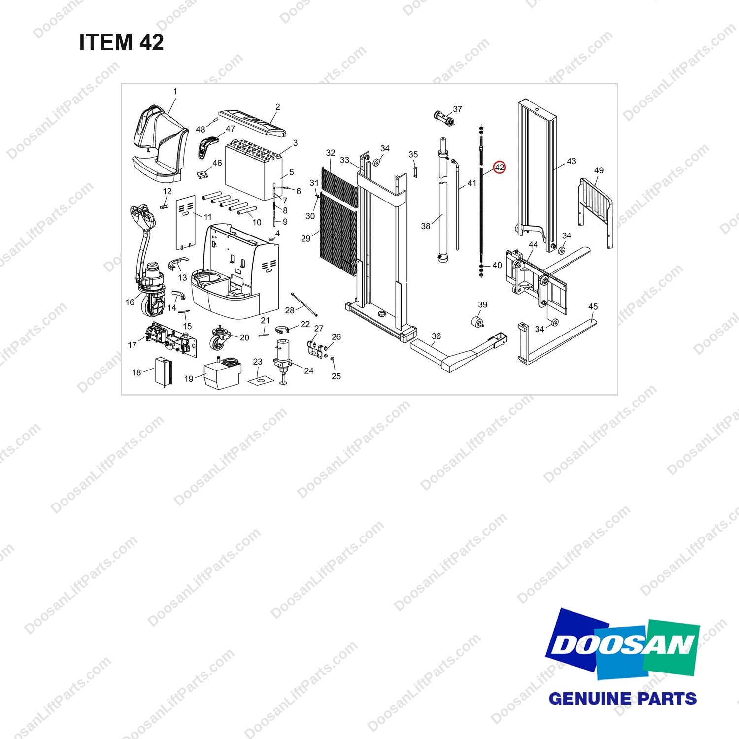 NR12-00451 General Assembly - full parts diagram, item 42 marked - genuine Doosan / Bobcat forklift part