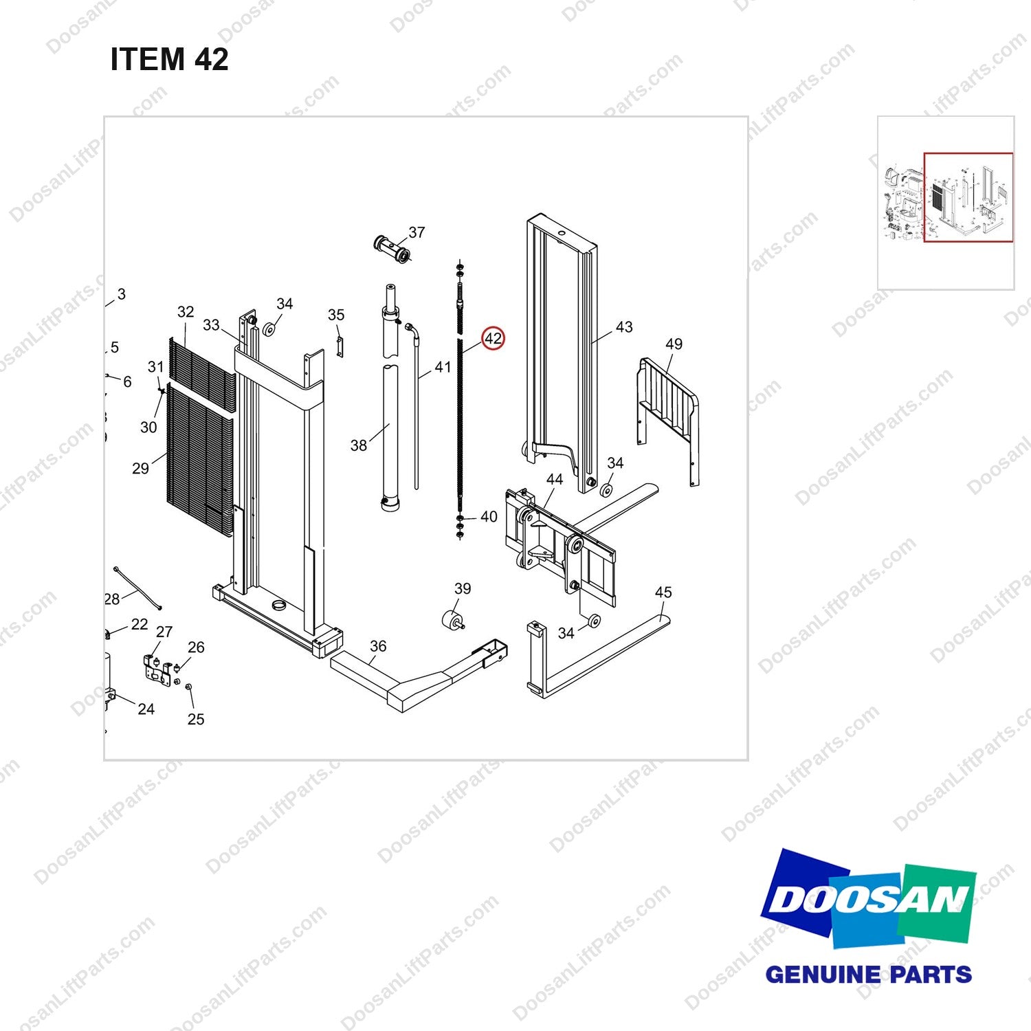 NR12-00451 General Assembly - parts diagram, item 42 shown - genuine Doosan / Bobcat forklift part