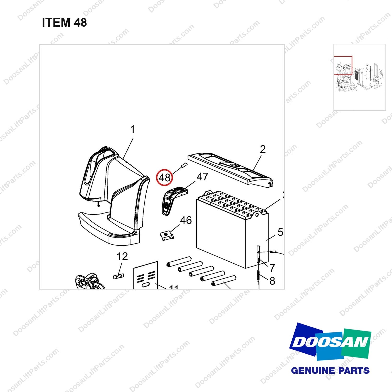 NR12-00462 General Assembly - parts diagram, item 48 shown - genuine Doosan / Bobcat forklift part