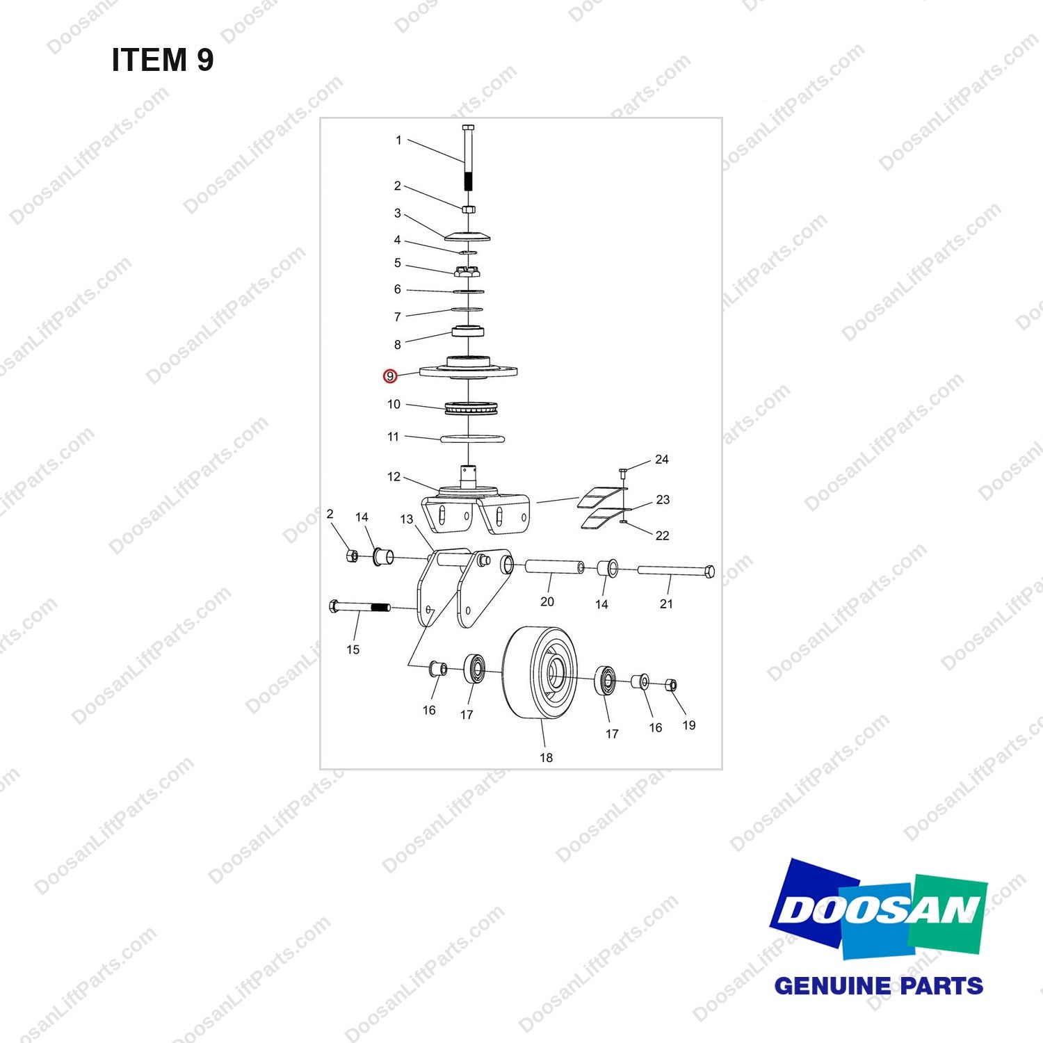 NR12-00478 Balance Wheel Assembly - full parts diagram, item 9 marked - genuine Doosan / Bobcat forklift part