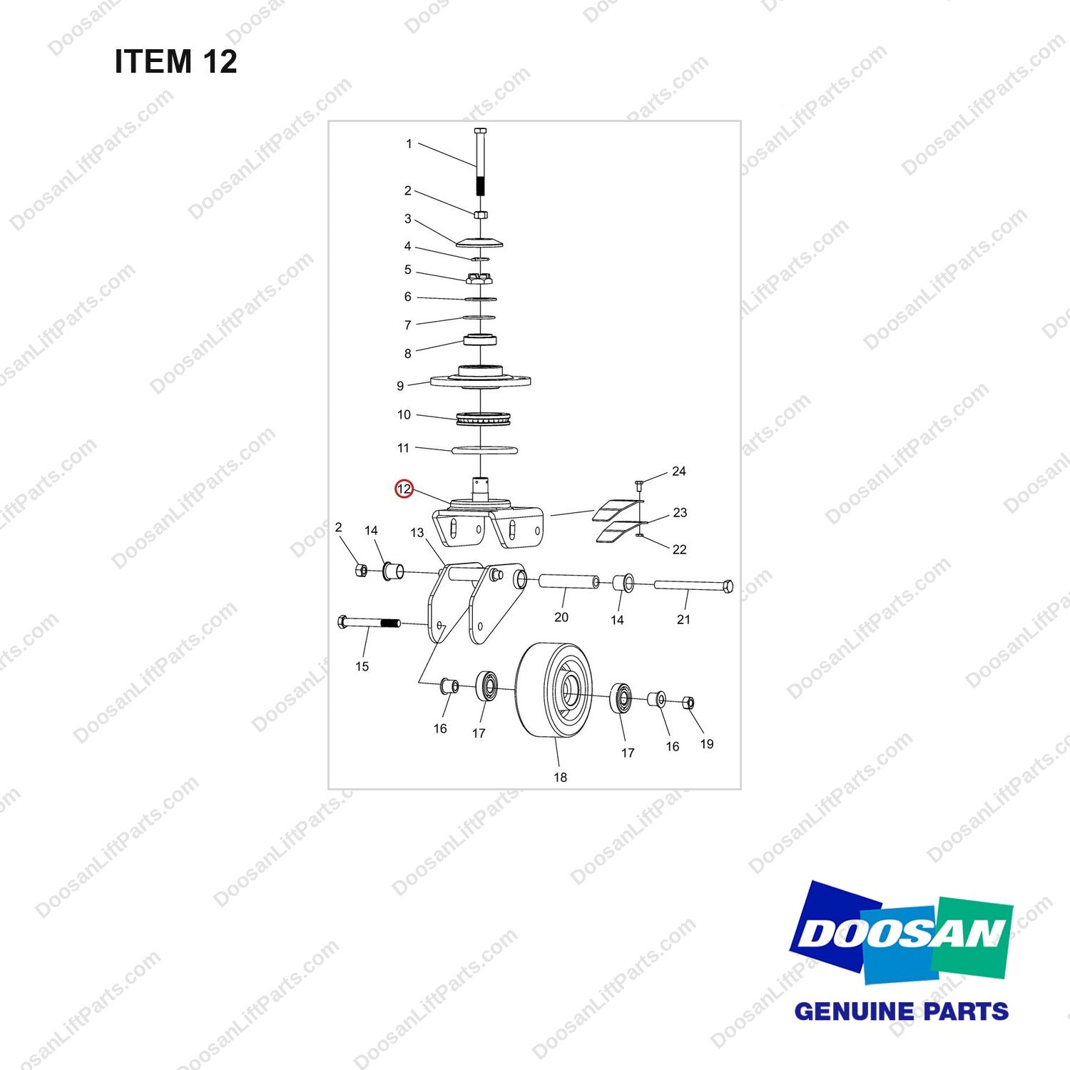 NR12-00481 Balance Wheel Assembly - full parts diagram, item 12 marked - genuine Doosan / Bobcat forklift part