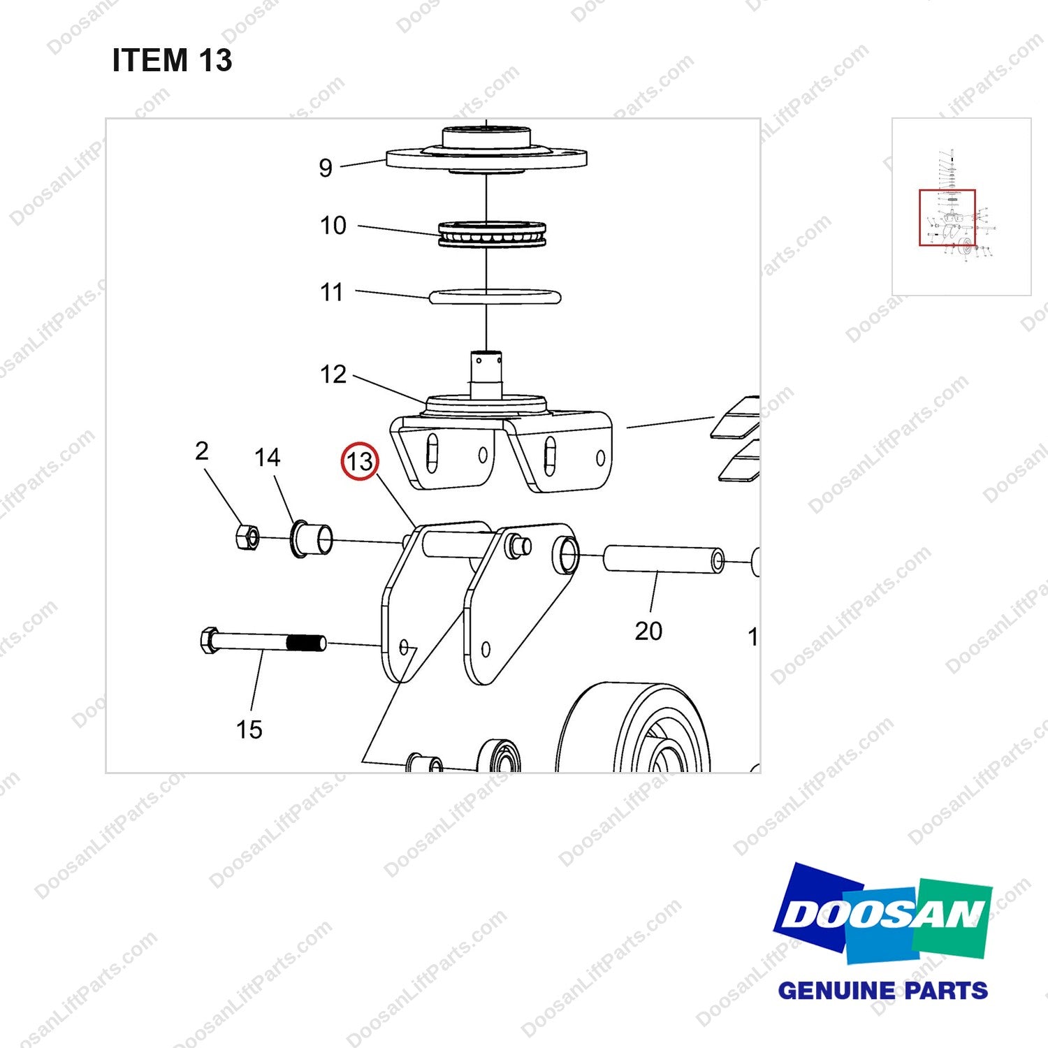 NR12-00482 Balance Wheel Assembly - parts diagram, item 13 shown - genuine Doosan / Bobcat forklift part