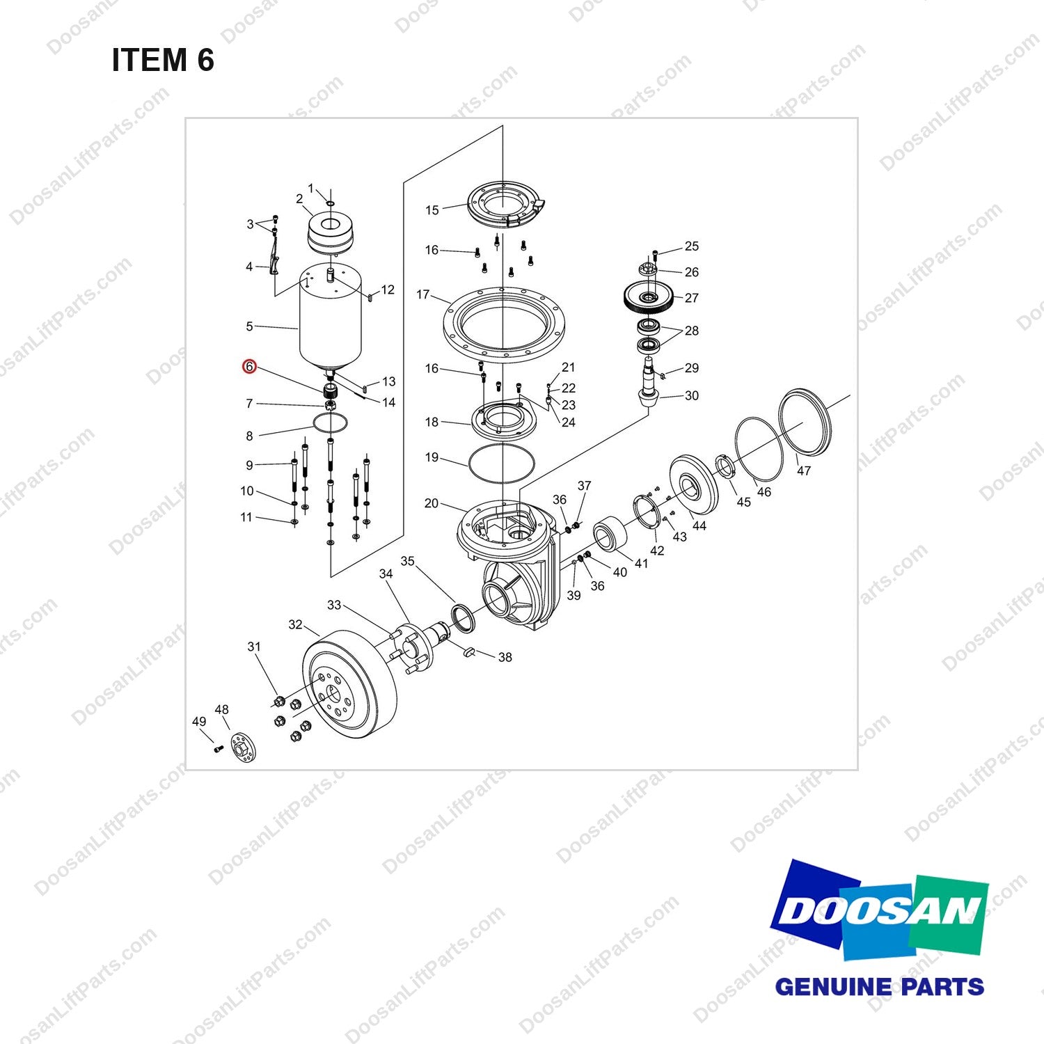 NR12-00528 Driving Wheel,Vertical Type (Mechanical Steering) - full parts diagram, item 6 marked - genuine Doosan / Bobcat forklift part