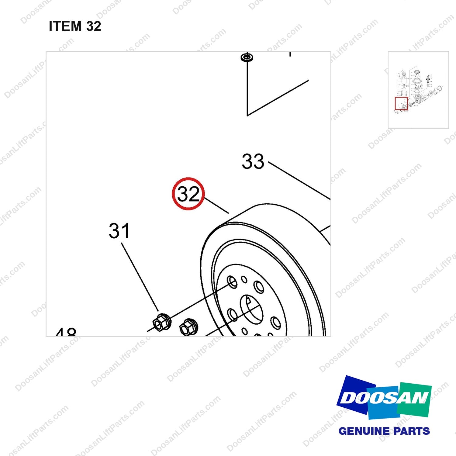 NR12-00532 Driving Wheel,Vertical Type (Mechanical Steering) - parts diagram, item 32 shown - genuine Doosan / Bobcat forklift part