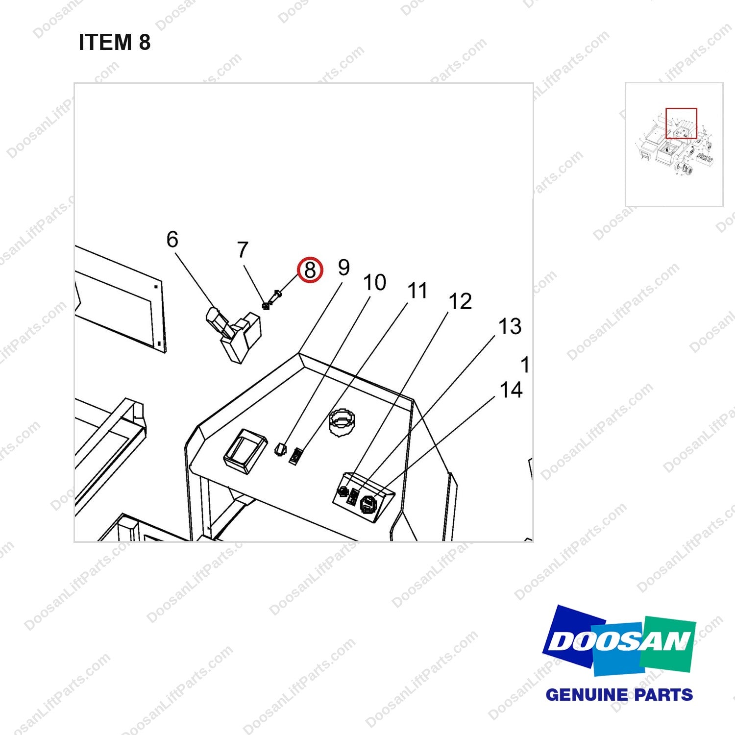 NR14-00007 General Assembly - parts diagram, item 8 shown - genuine Doosan / Bobcat forklift part