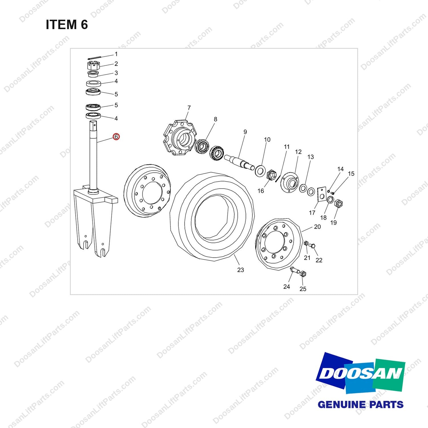 NR14-00031 Front Wheel Assembly - full parts diagram, item 6 marked - genuine Doosan / Bobcat forklift part