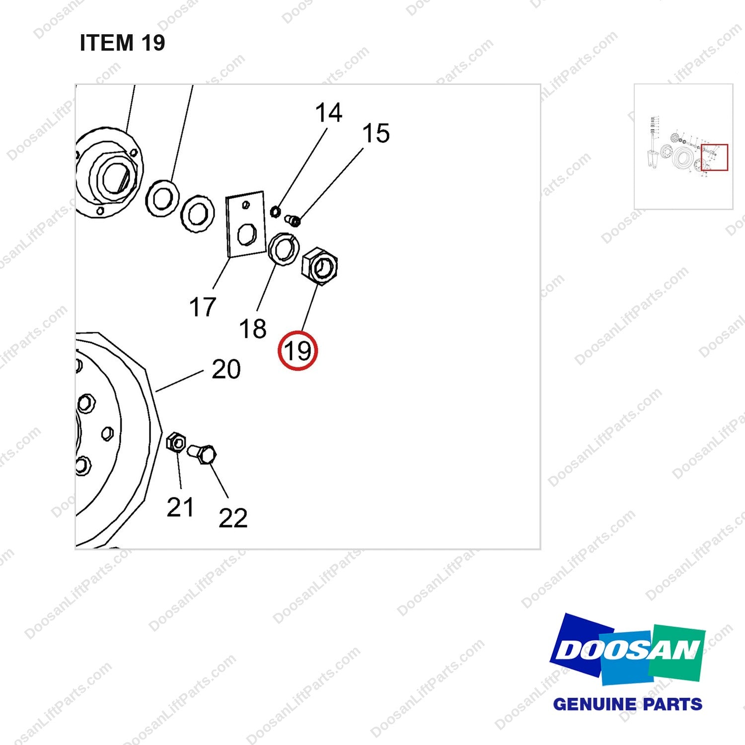 NR14-00042 Front Wheel Assembly - parts diagram, item 19 shown - genuine Doosan / Bobcat forklift part
