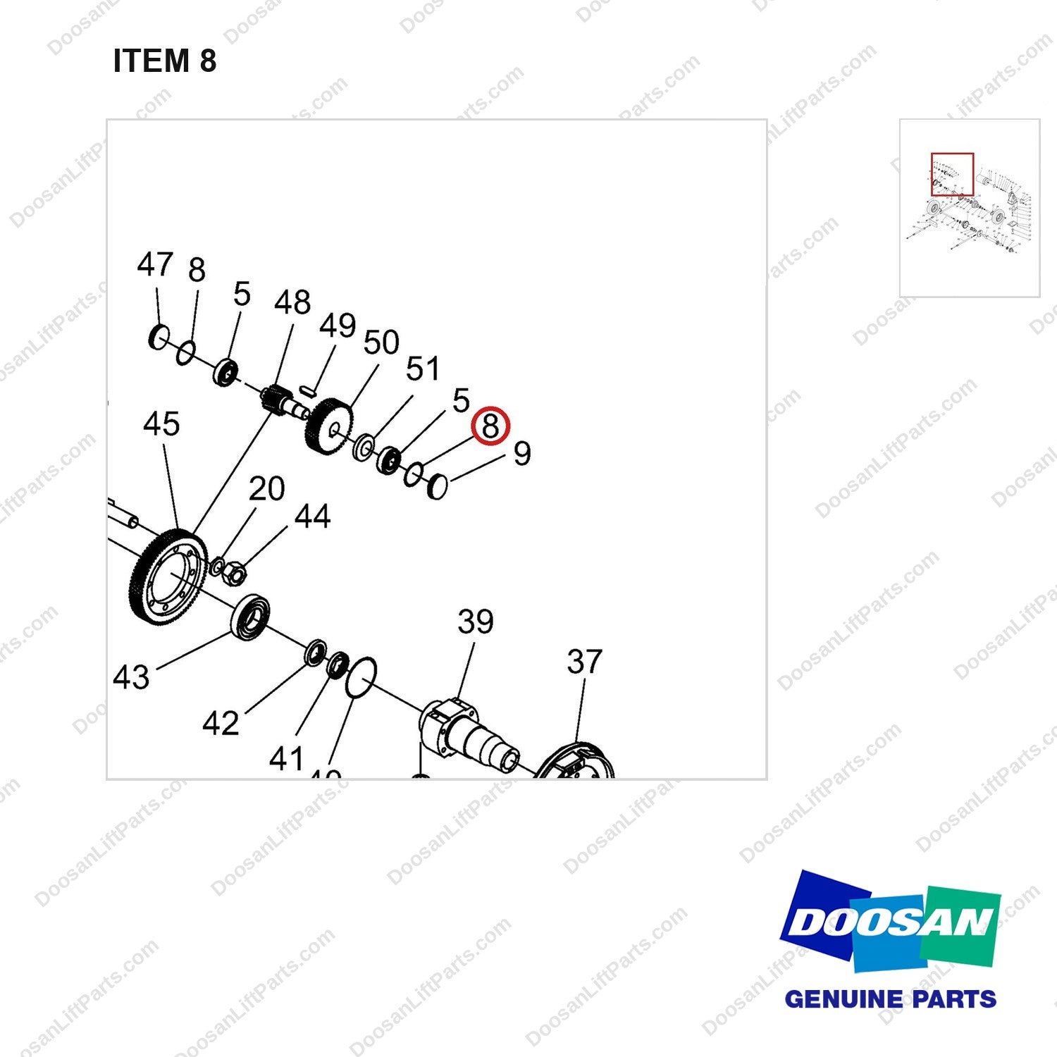 NR14-00064 Drive Axle Assembly - parts diagram, item 8 shown - genuine Doosan / Bobcat forklift part