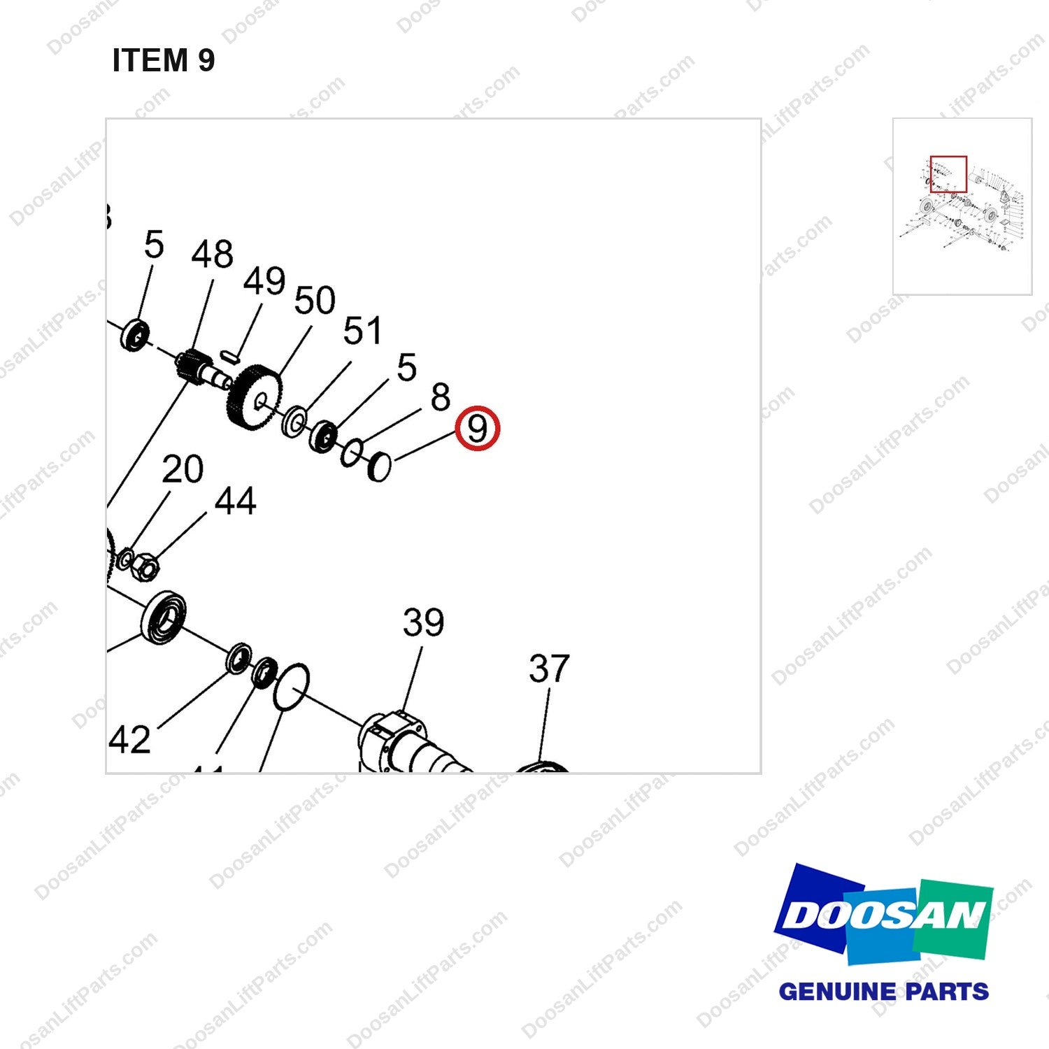 NR14-00065 Drive Axle Assembly - parts diagram, item 9 shown - genuine Doosan / Bobcat forklift part