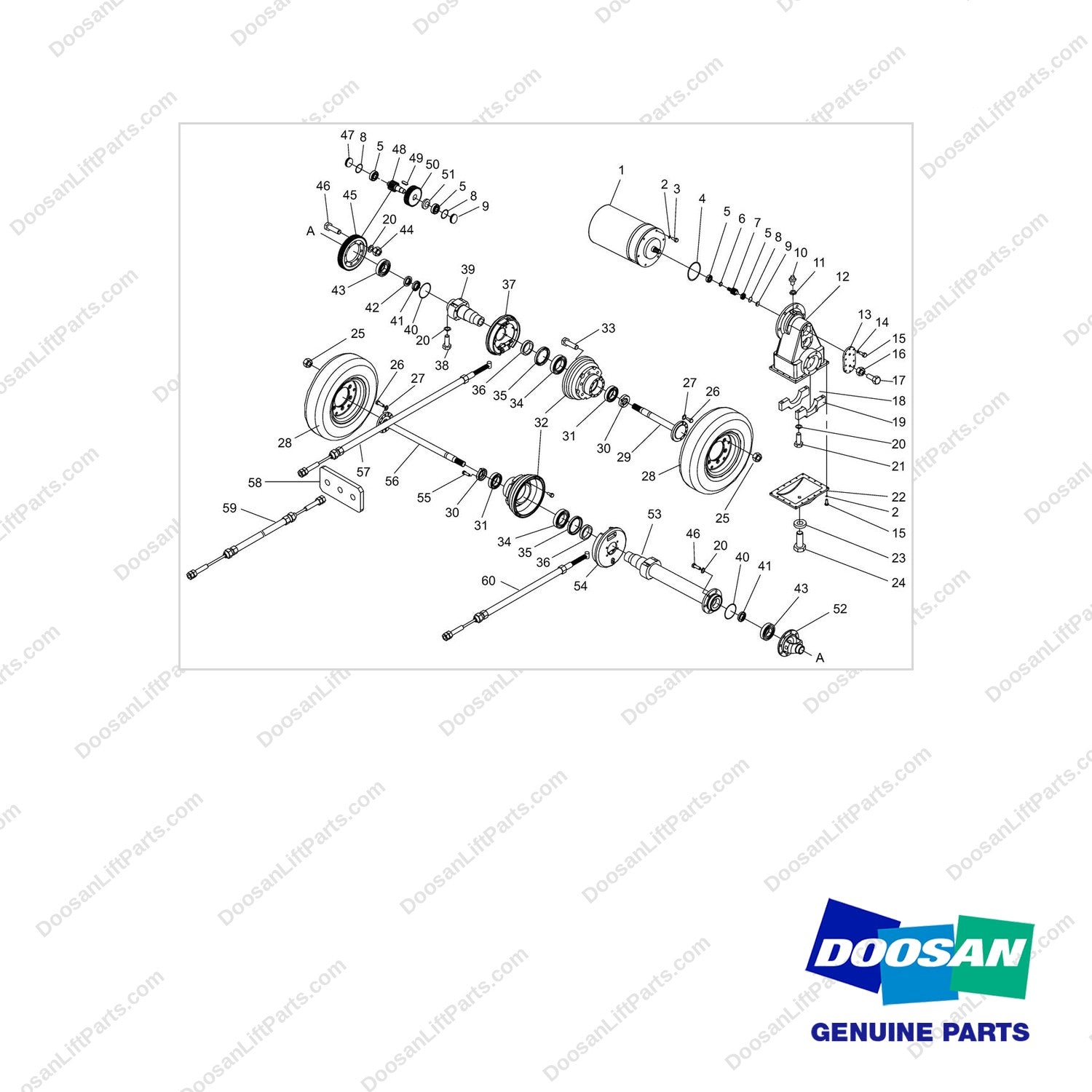 NR14-00090 Drive Axle Assembly - full parts diagram - genuine Doosan / Bobcat forklift part