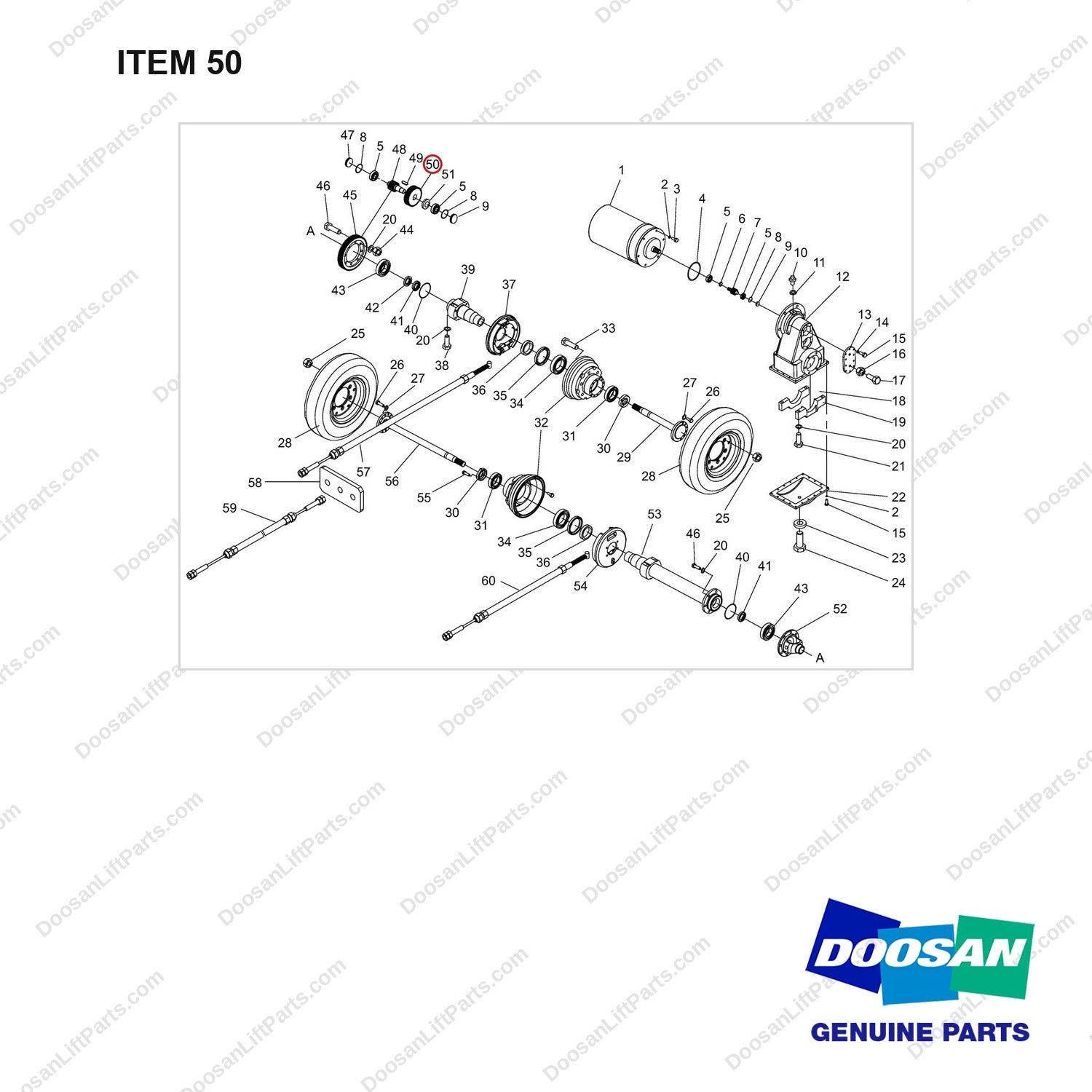 NR14-00093 Drive Axle Assembly - full parts diagram, item 50 marked - genuine Doosan / Bobcat forklift part