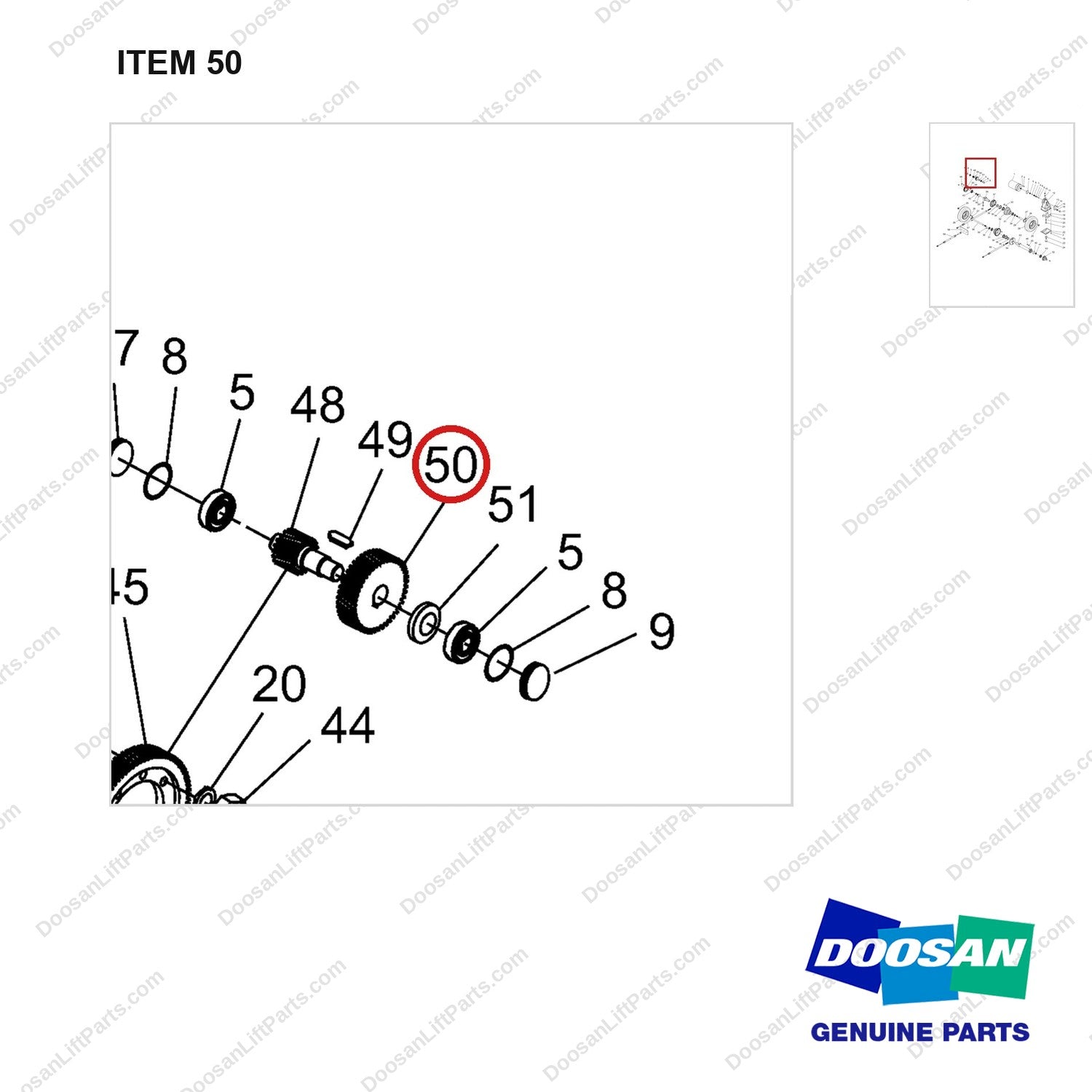 NR14-00093 Drive Axle Assembly - parts diagram, item 50 shown - genuine Doosan / Bobcat forklift part