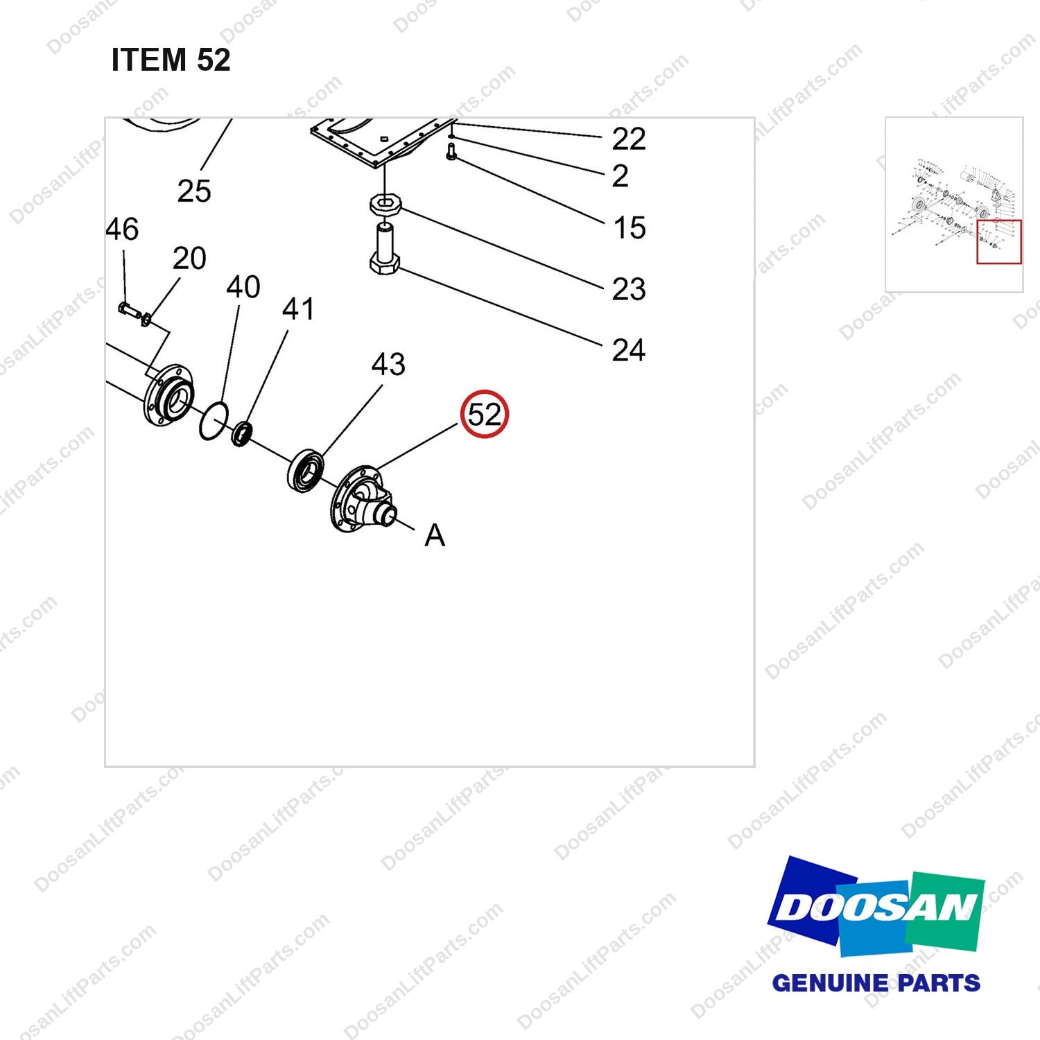NR14-00095 Drive Axle Assembly - parts diagram, item 52 shown - genuine Doosan / Bobcat forklift part
