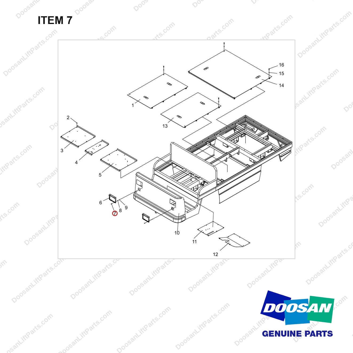 NR14-00128 Truck body assembly - full parts diagram, item 7 marked - genuine Doosan / Bobcat forklift part