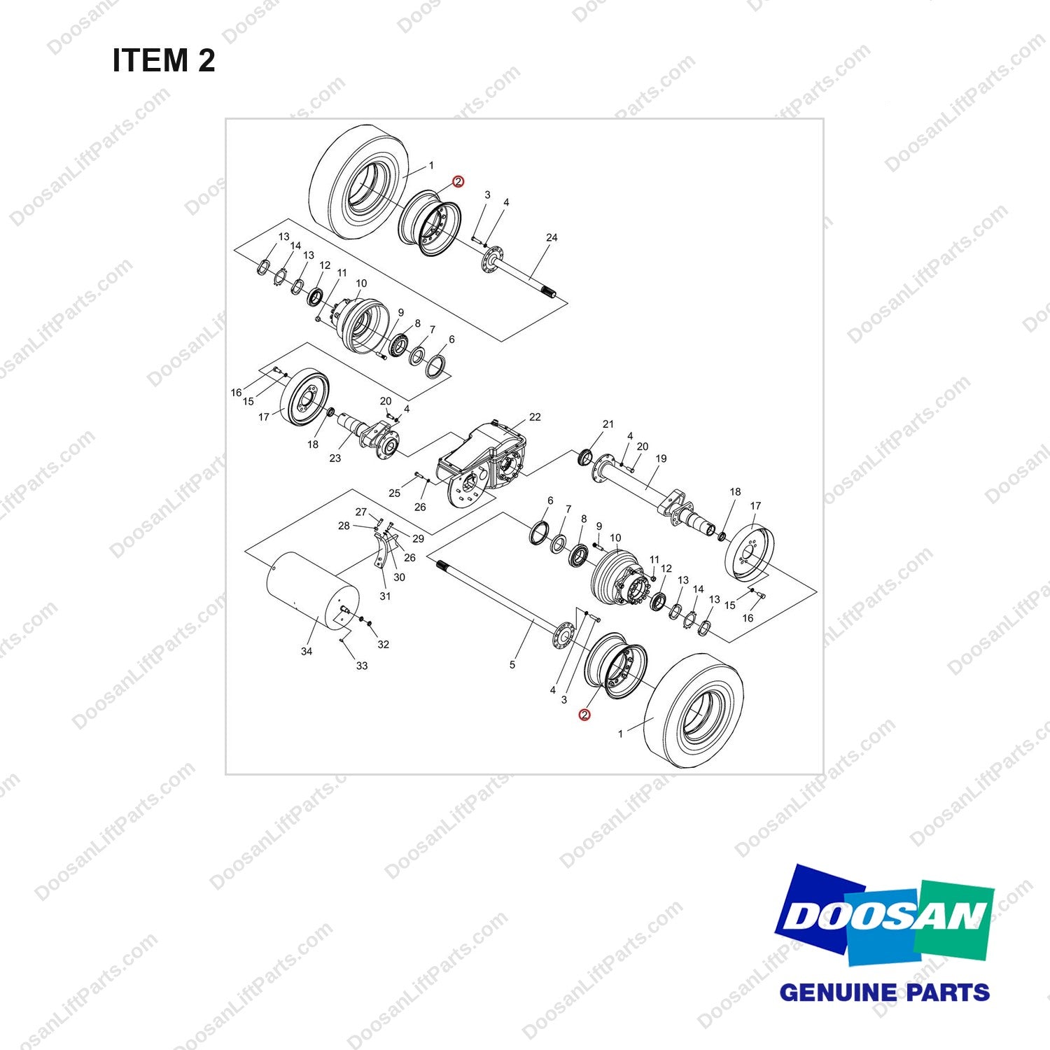 NR14-00137 Drive Axle Assembly - full parts diagram, item 2 marked - genuine Doosan / Bobcat forklift part
