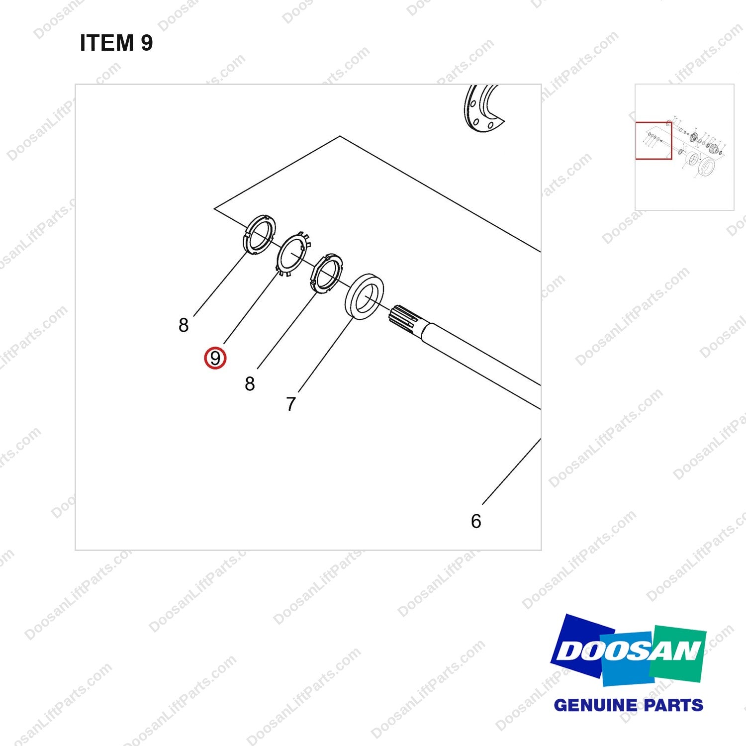 NR14-00146 Long Half-shaft Unit - parts diagram, item 9 shown - genuine Doosan / Bobcat forklift part