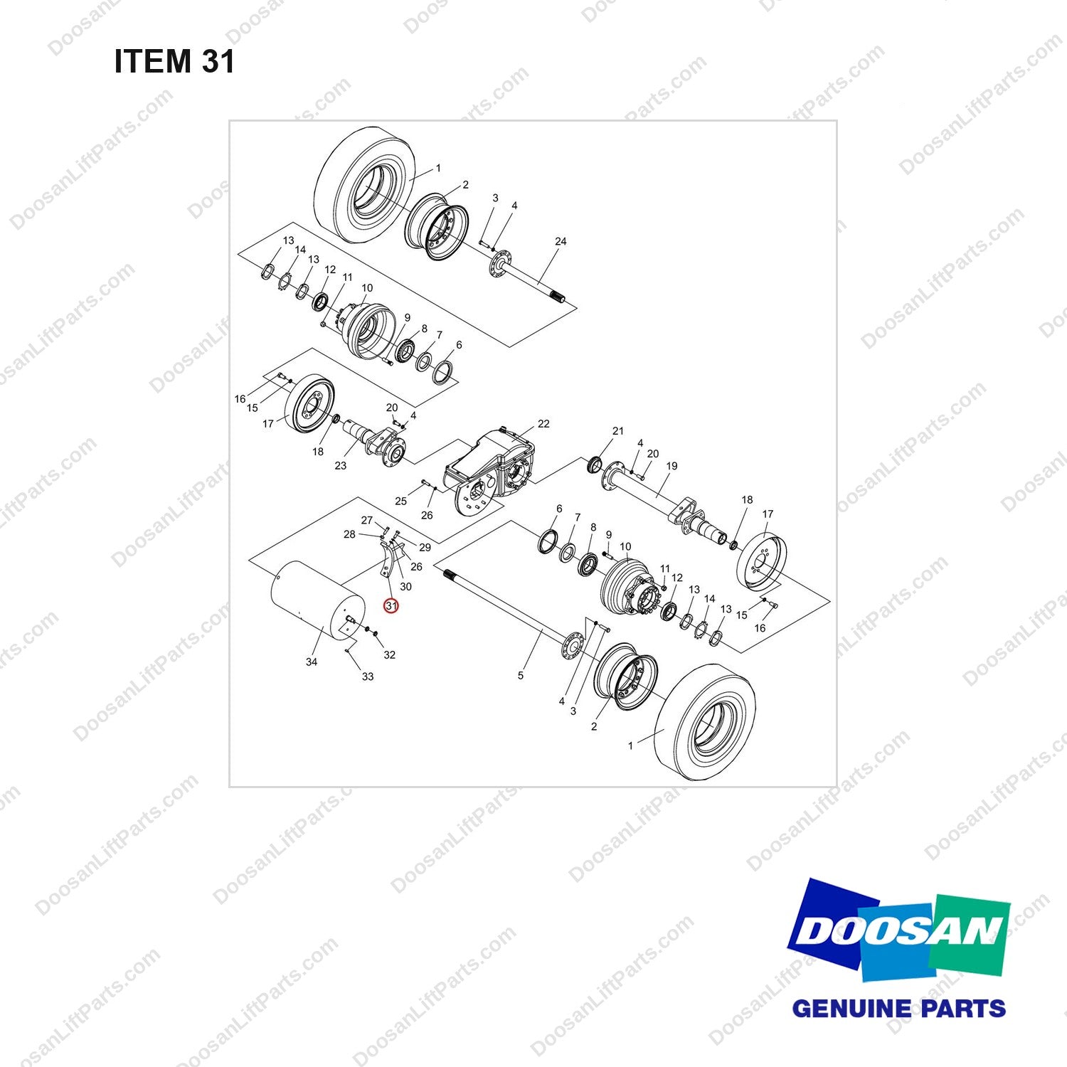 NR14-00157 Drive Axle Assembly - full parts diagram, item 31 marked - genuine Doosan / Bobcat forklift part
