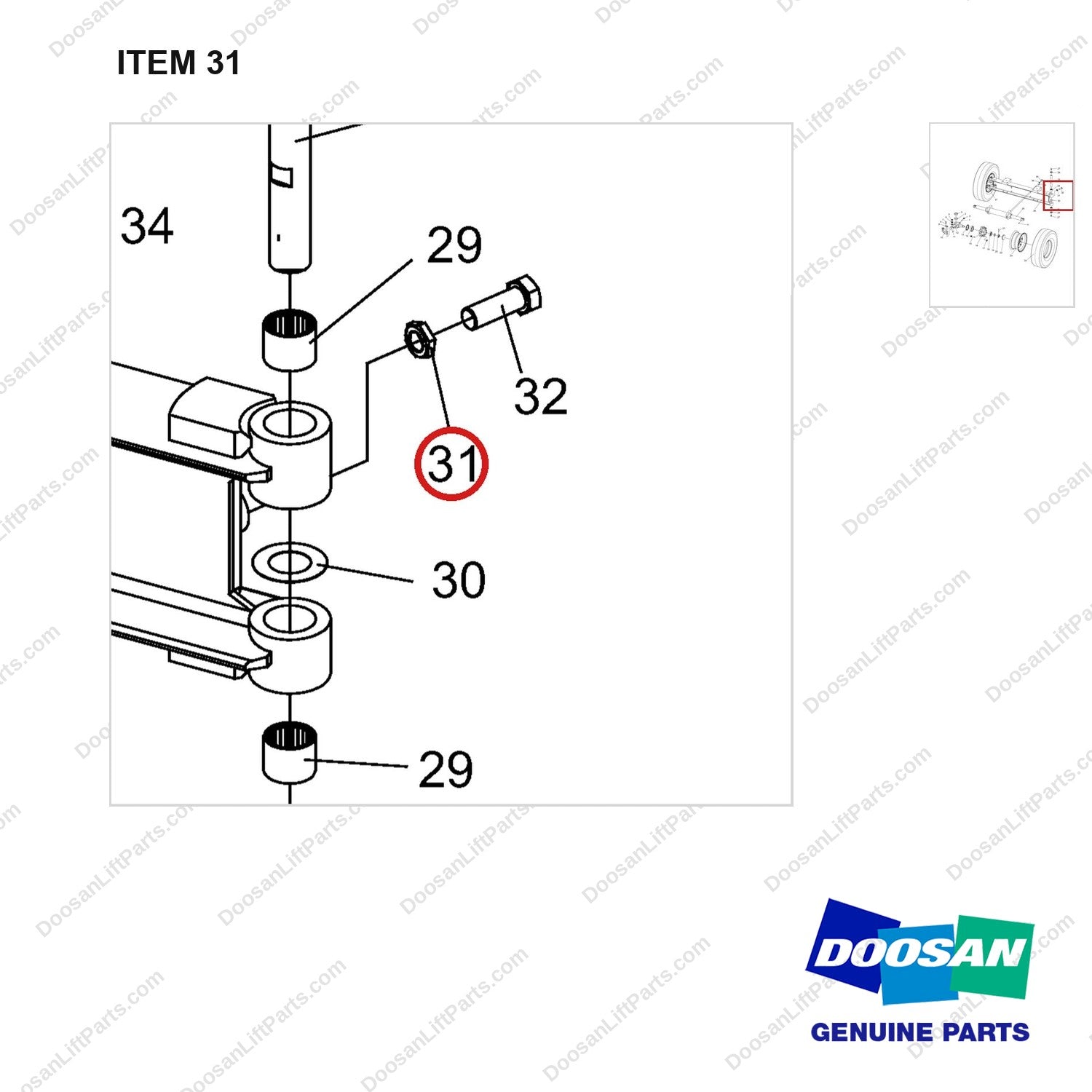 NR14-00158 Steering Axle aAssembly - parts diagram, item 31 shown - genuine Doosan / Bobcat forklift part