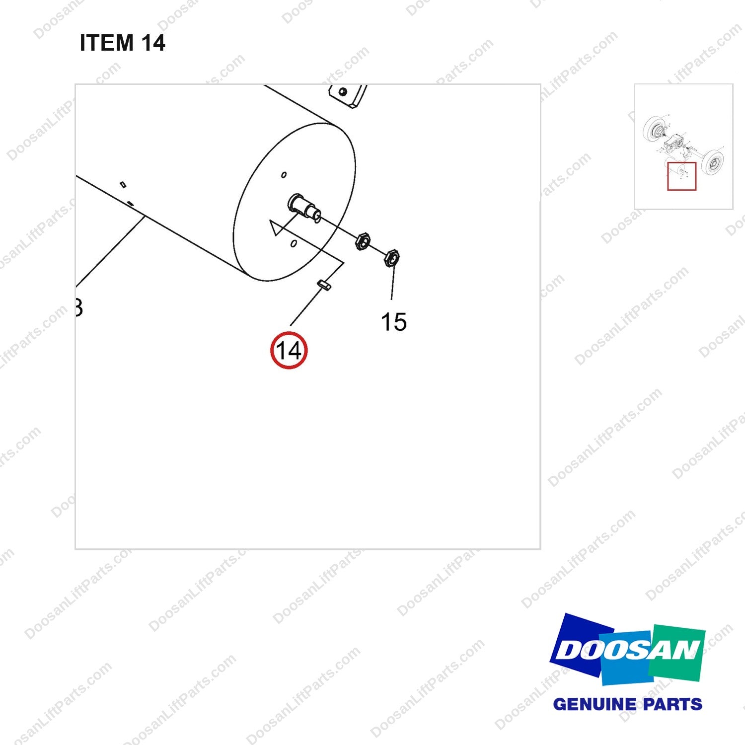 NR14-00159 Drive Axle Assembly - parts diagram, item 14 shown - genuine Doosan / Bobcat forklift part