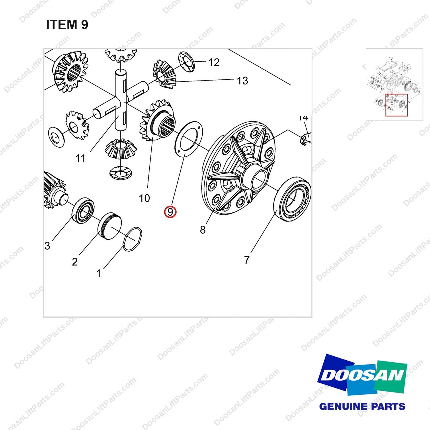 NR14-00168 Reduction Assembly - parts diagram, item 9 shown - genuine Doosan / Bobcat forklift part