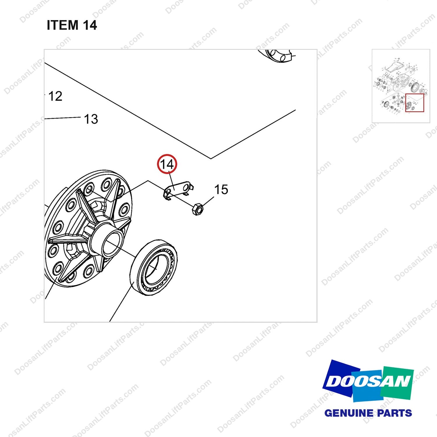 NR14-00173 Reduction Assembly - parts diagram, item 14 shown - genuine Doosan / Bobcat forklift part