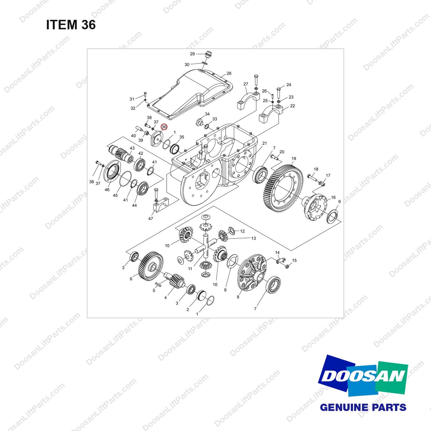 NR14-00188 Reduction Assembly - full parts diagram, item 36 marked - genuine Doosan / Bobcat forklift part