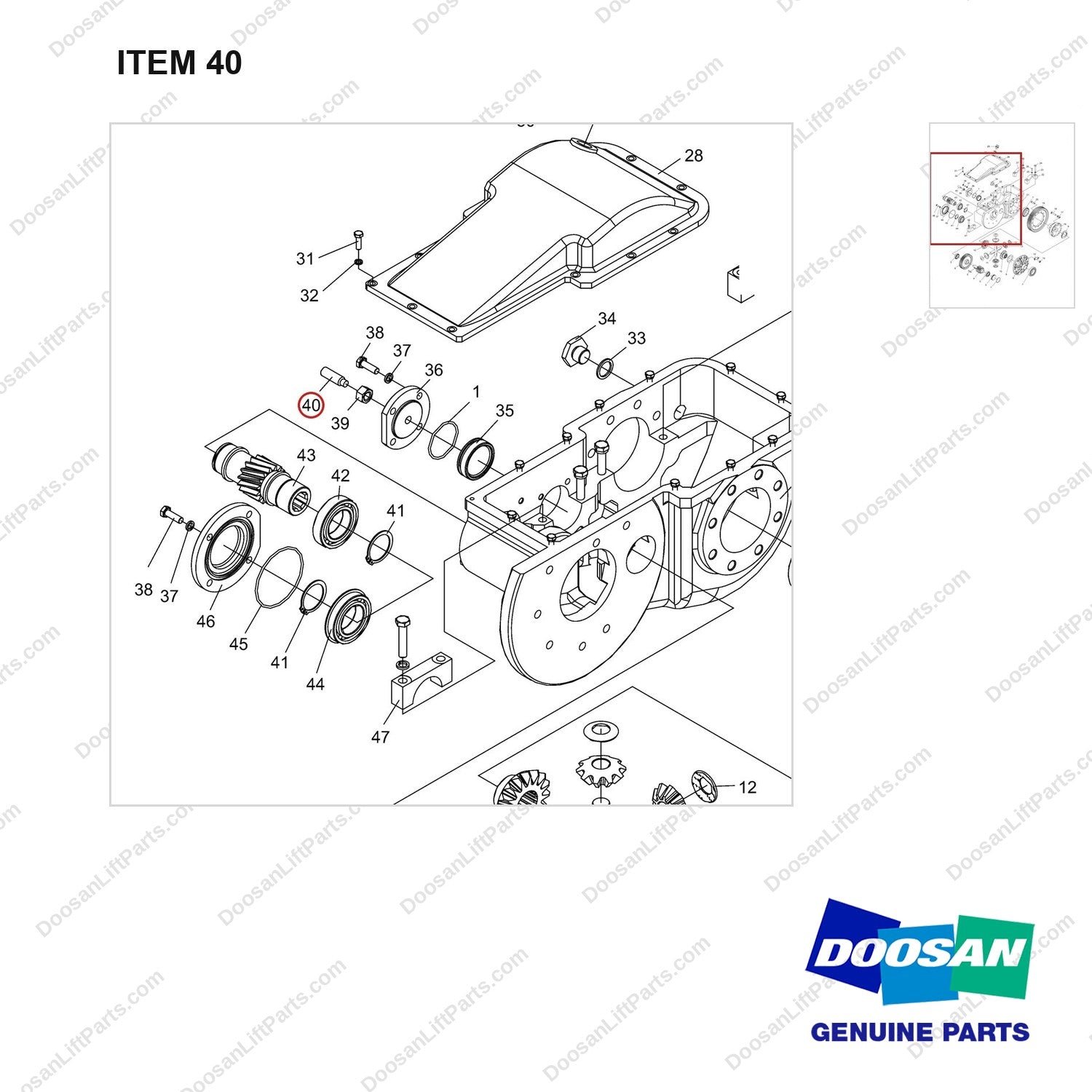 NR14-00191 Reduction Assembly - parts diagram, item 40 shown - genuine Doosan / Bobcat forklift part