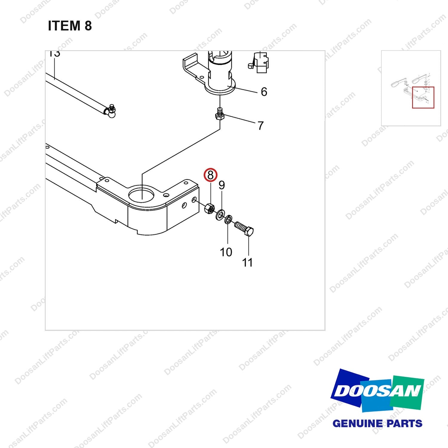 NR14-00199 Guardrail Assembly - parts diagram, item 8 shown - genuine Doosan / Bobcat forklift part
