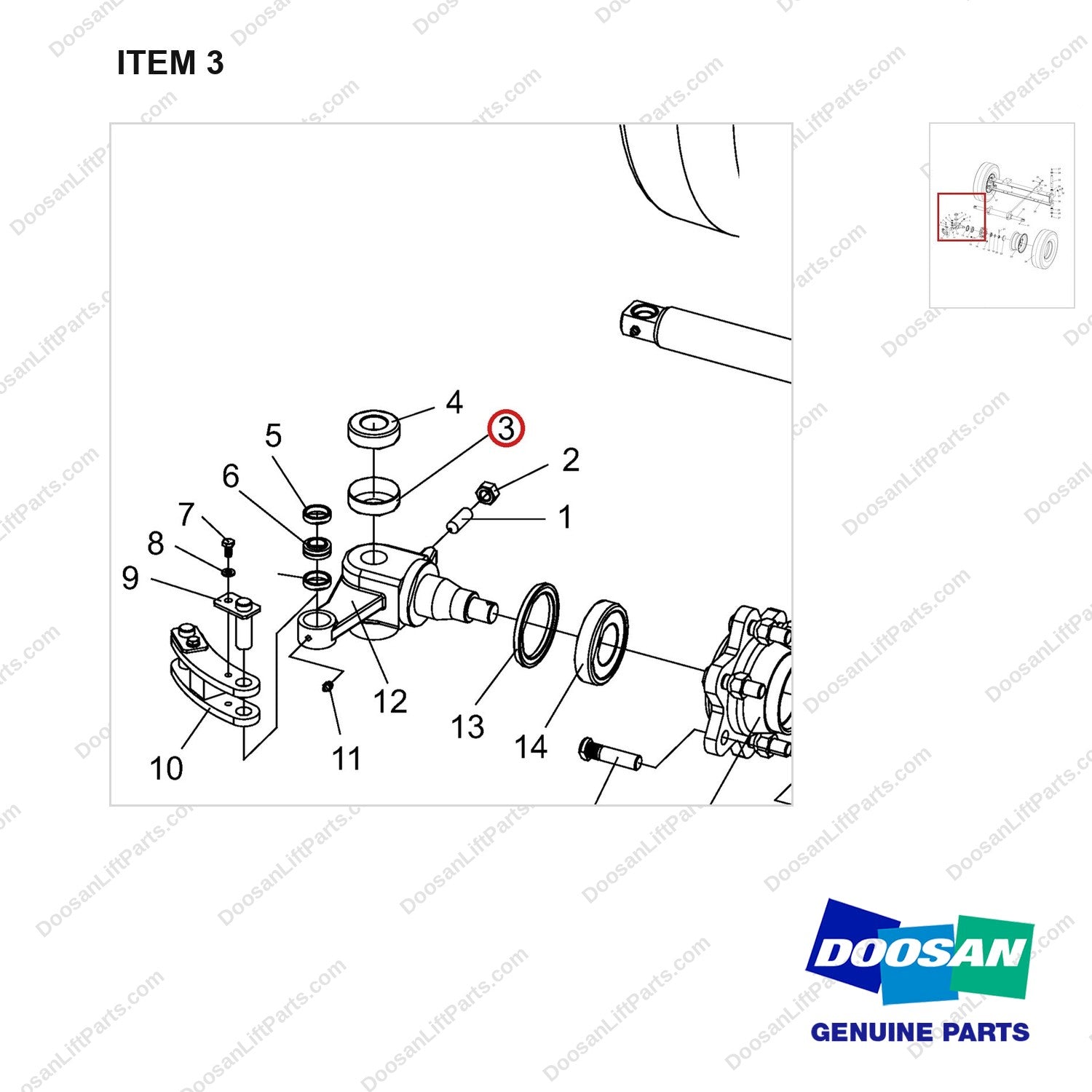 NR14-00200 Steering Axle aAssembly - parts diagram, item 3 shown - genuine Doosan / Bobcat forklift part