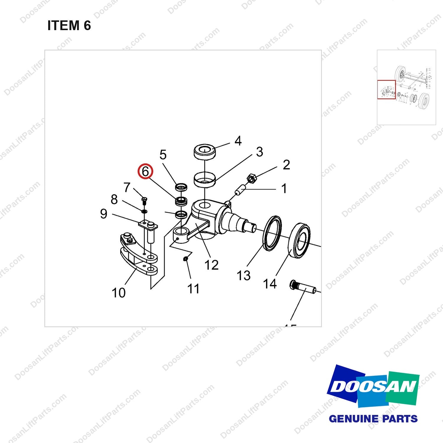 NR14-00203 Steering Axle aAssembly - parts diagram, item 6 shown - genuine Doosan / Bobcat forklift part