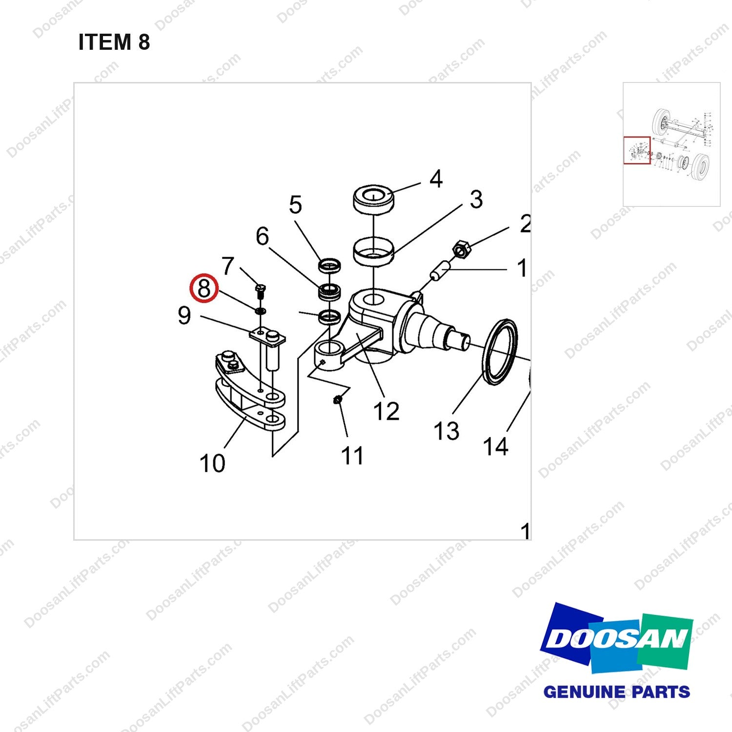 NR14-00204 Steering Axle aAssembly - parts diagram, item 8 shown - genuine Doosan / Bobcat forklift part
