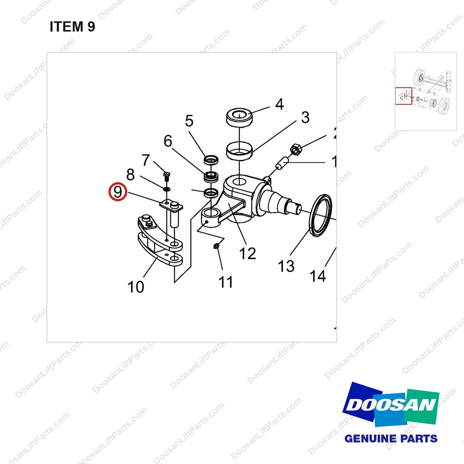 NR14-00205 Steering Axle aAssembly - parts diagram, item 9 shown - genuine Doosan / Bobcat forklift part